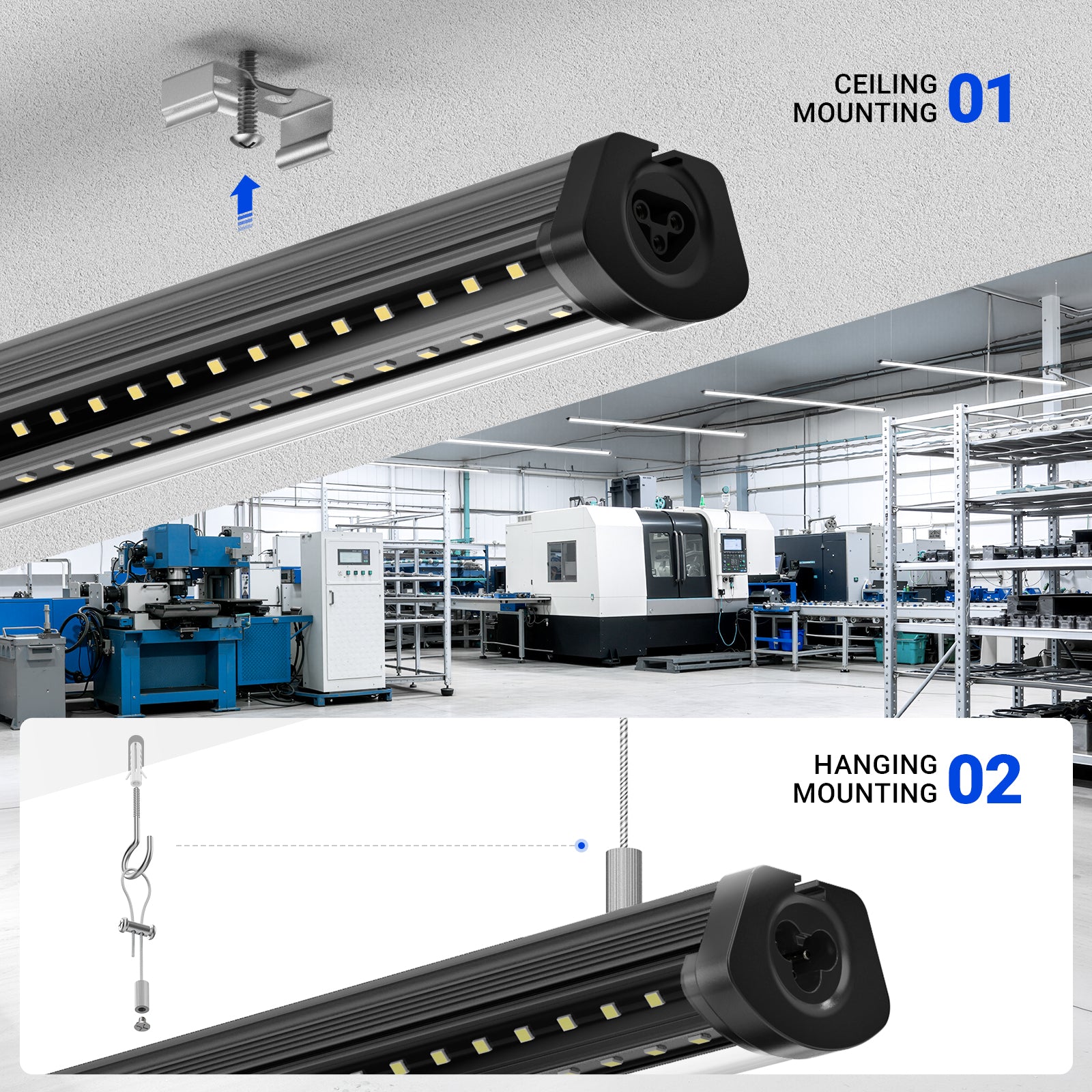 Barrina T8 140W LED Shop Lights 8FT 5000K 17000LM | Clear Cover, V Shape Tube & Hanging | BAX140a (Black)