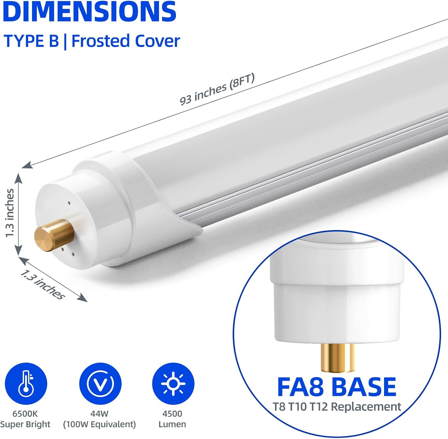 Barrina T8 44W LED Tube Lights 8FT 6500K 4500LM | FA8 Base, Fluorescent Tubes Replacement & Frosted Cover | TCX44
