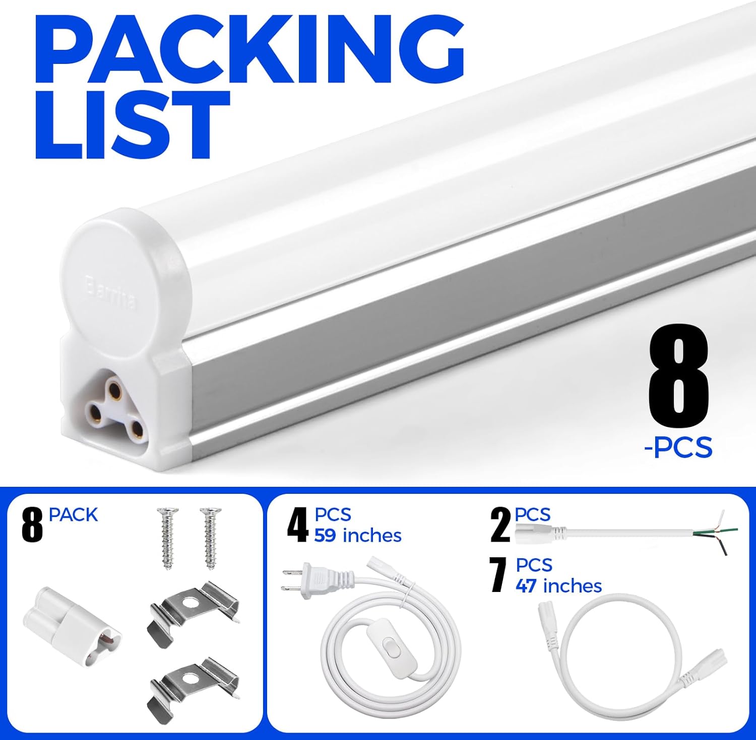 Barrina T5 20W LED Shop Lights 4FT 4000K 2200LM 8 Pack | Linkable & Corded Electric Switch | AAL20