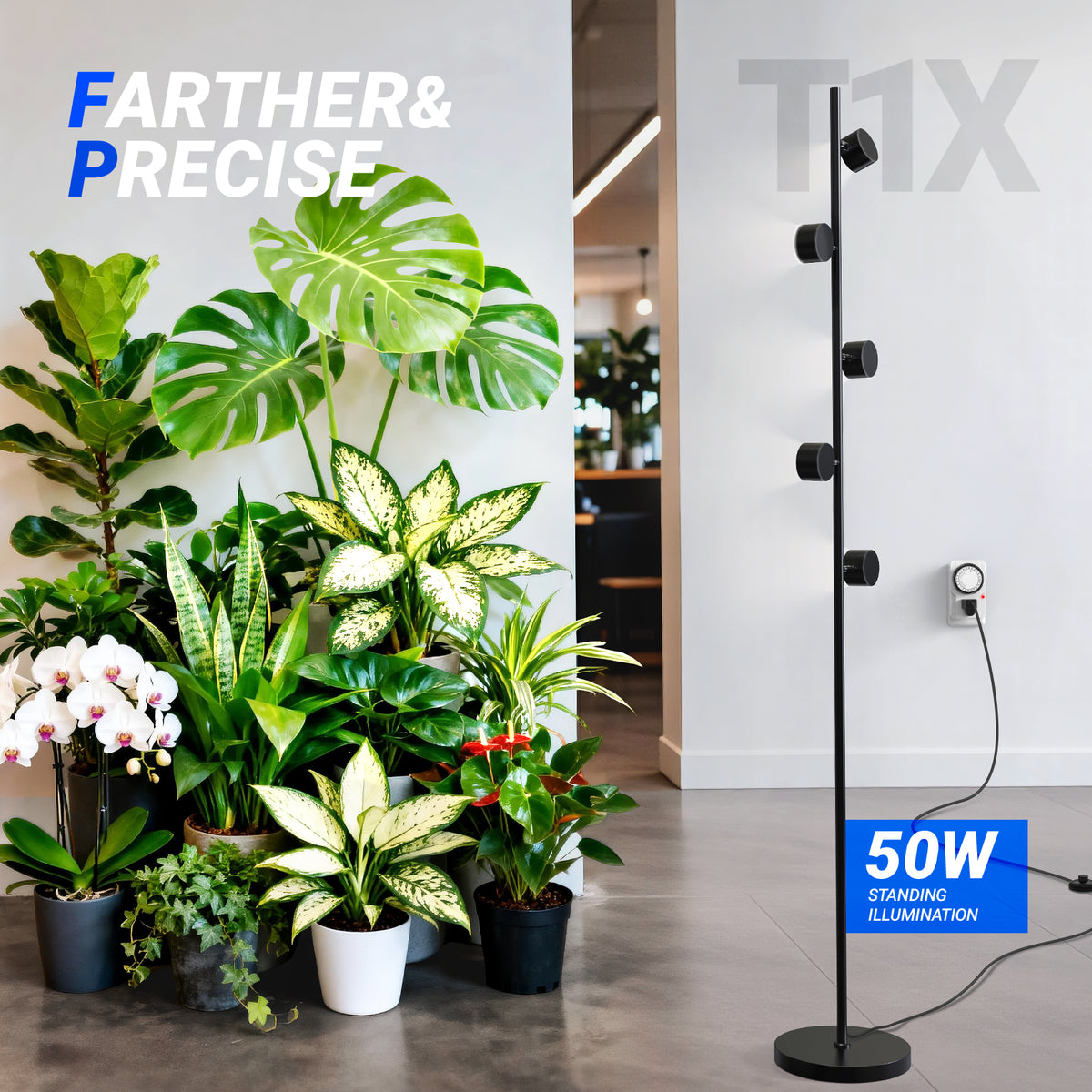 Barrina T1X5 50W LED Standing Grow Light 6FT 5000K with Timer | Full Spectrum & Adjustable 5 Heads | T1X5