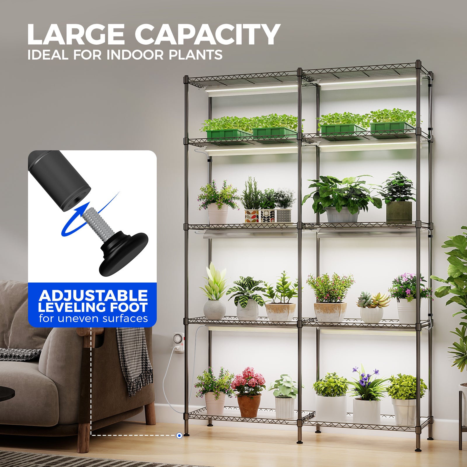 Barrina 5-Tier Plant Stand with 8-Pack T5 20W LED Grow Lights 1.6FT 5000K | Full Spectrum & Timer | WE20