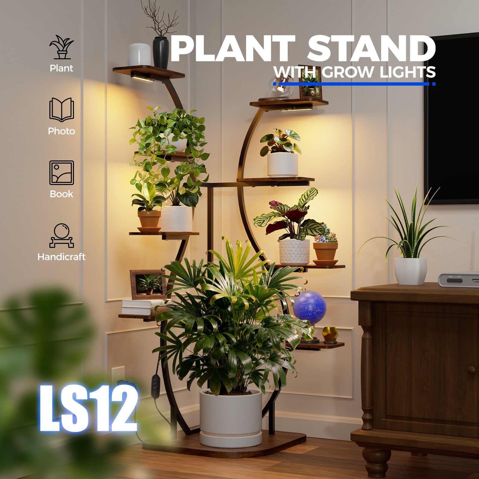 Barrina LS12 Corner Plant Stand with 4-Pack Grow Lights | Full Spectrum & S-Shape | LS12