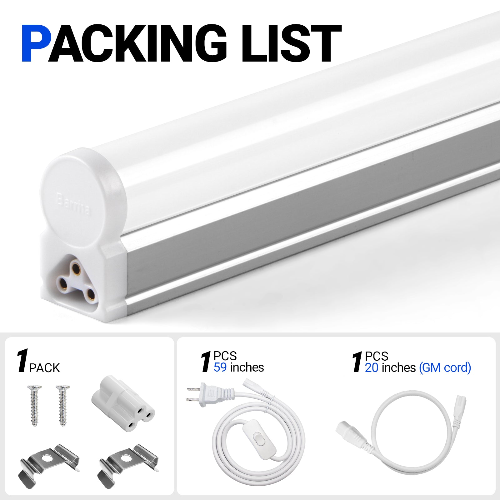 Barrina T5 20W LED Shop Lights 4FT 6500K 2200LM | Linkable & Corded Electric Switch | AAL20