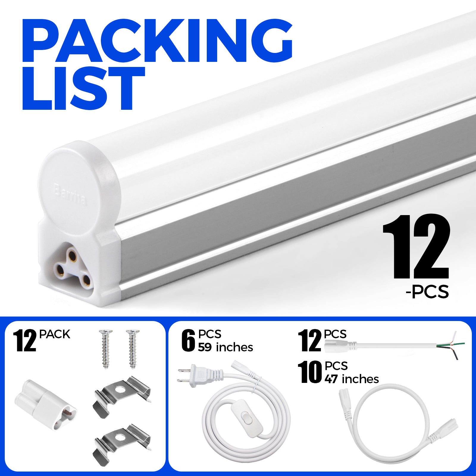 Barrina T5 20W LED Shop Lights 4FT 5000K 2200LM 12 Pack | Linkable & Corded Electric Switch | AAL20