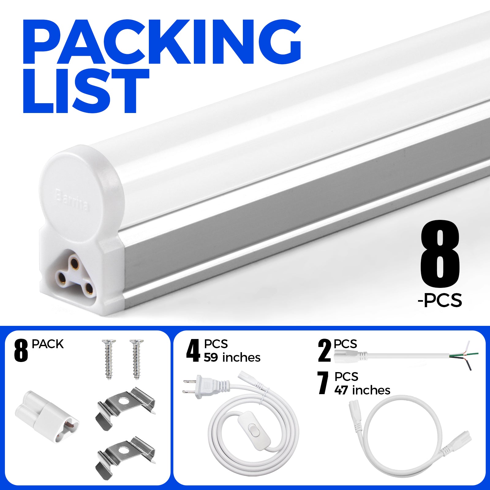 Barrina T5 20W LED Shop Lights 4FT 6500K 2200LM 8 Pack | Linkable & Corded Electric Switch | AAL20