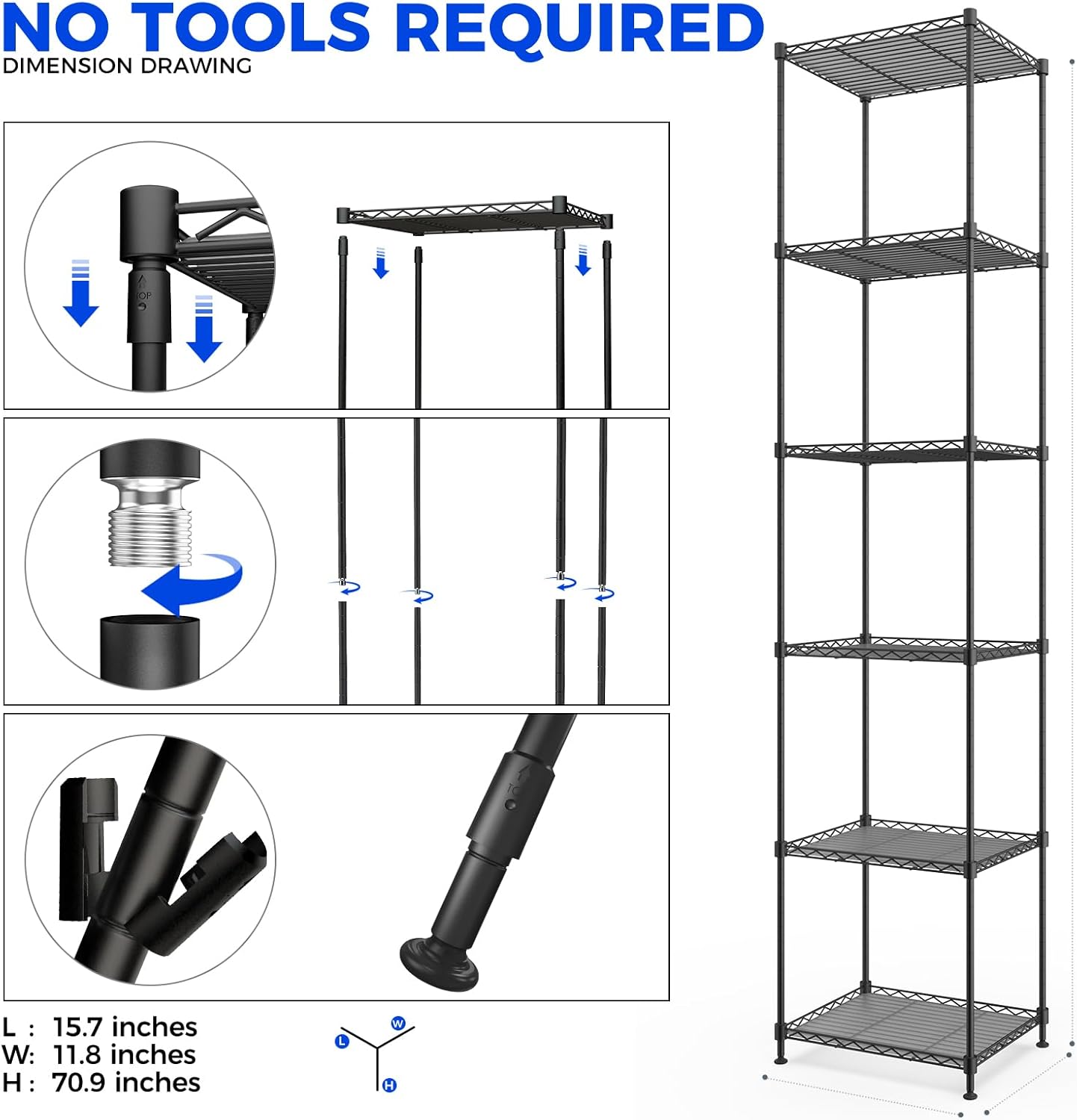 Black metal shelving unit with assembly instructions on a white background