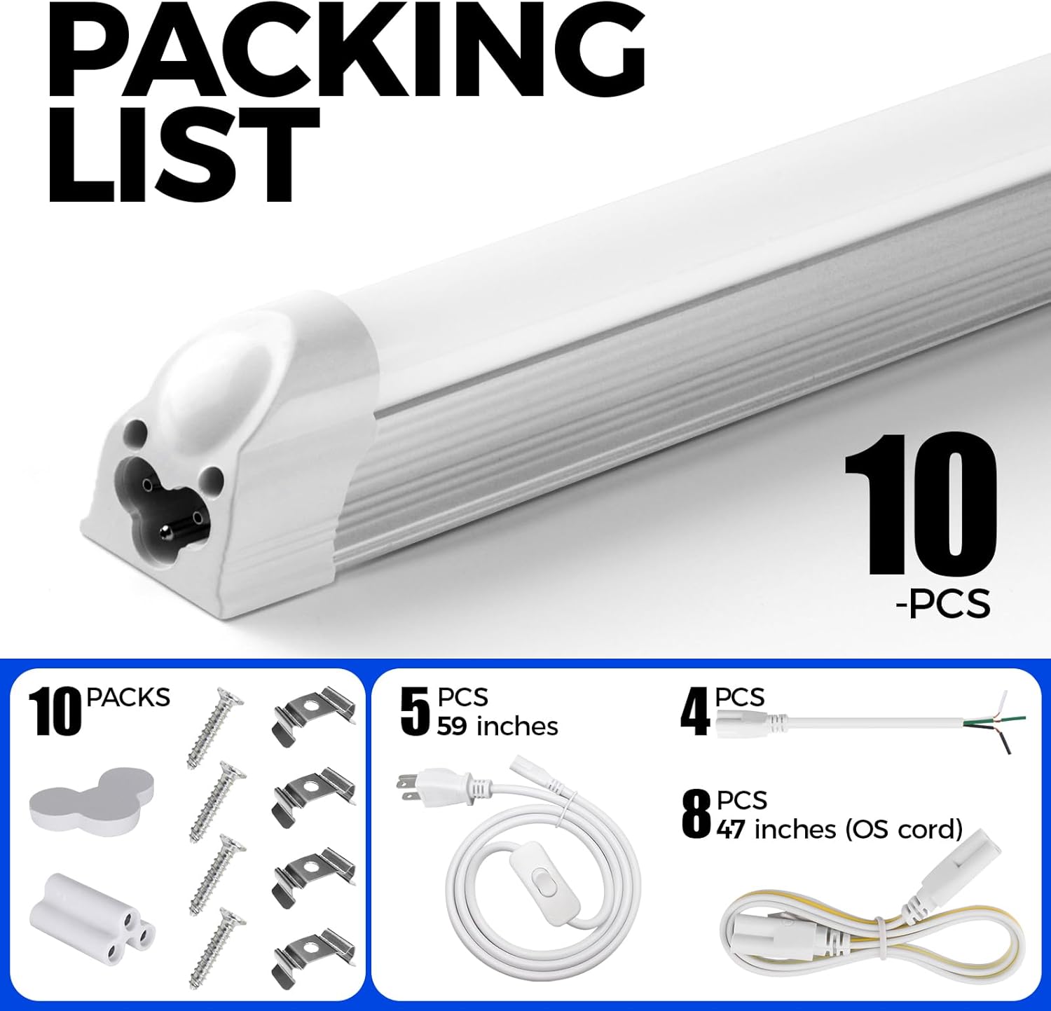 Barrina T5 45W LED Shop Lights 8FT 6500K 5000LM 10 Pack | Linkable & Corded Electric Switch | ABX45