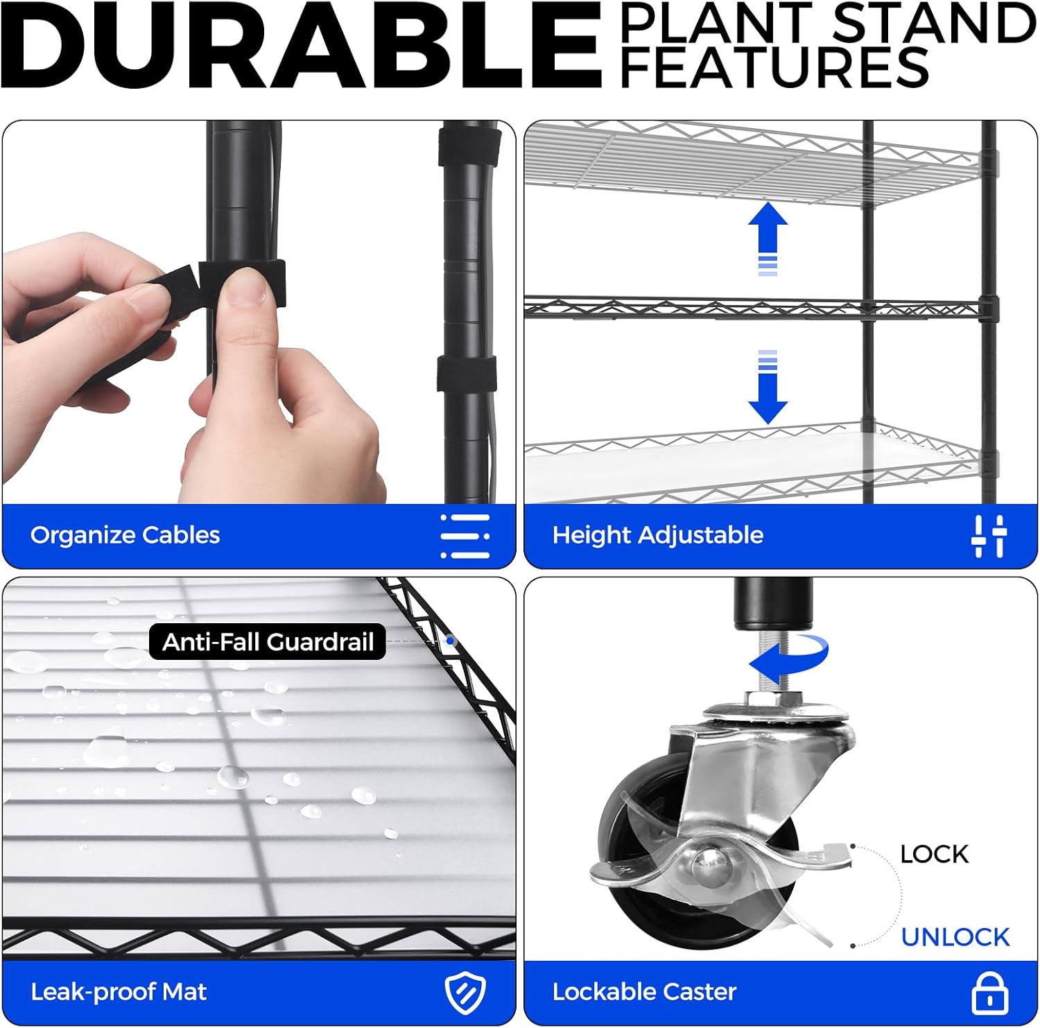 Collage of durable plant stand features including cable management, height adjustment, anti-fall guardrail, leak-proof mat, and lockable caster.