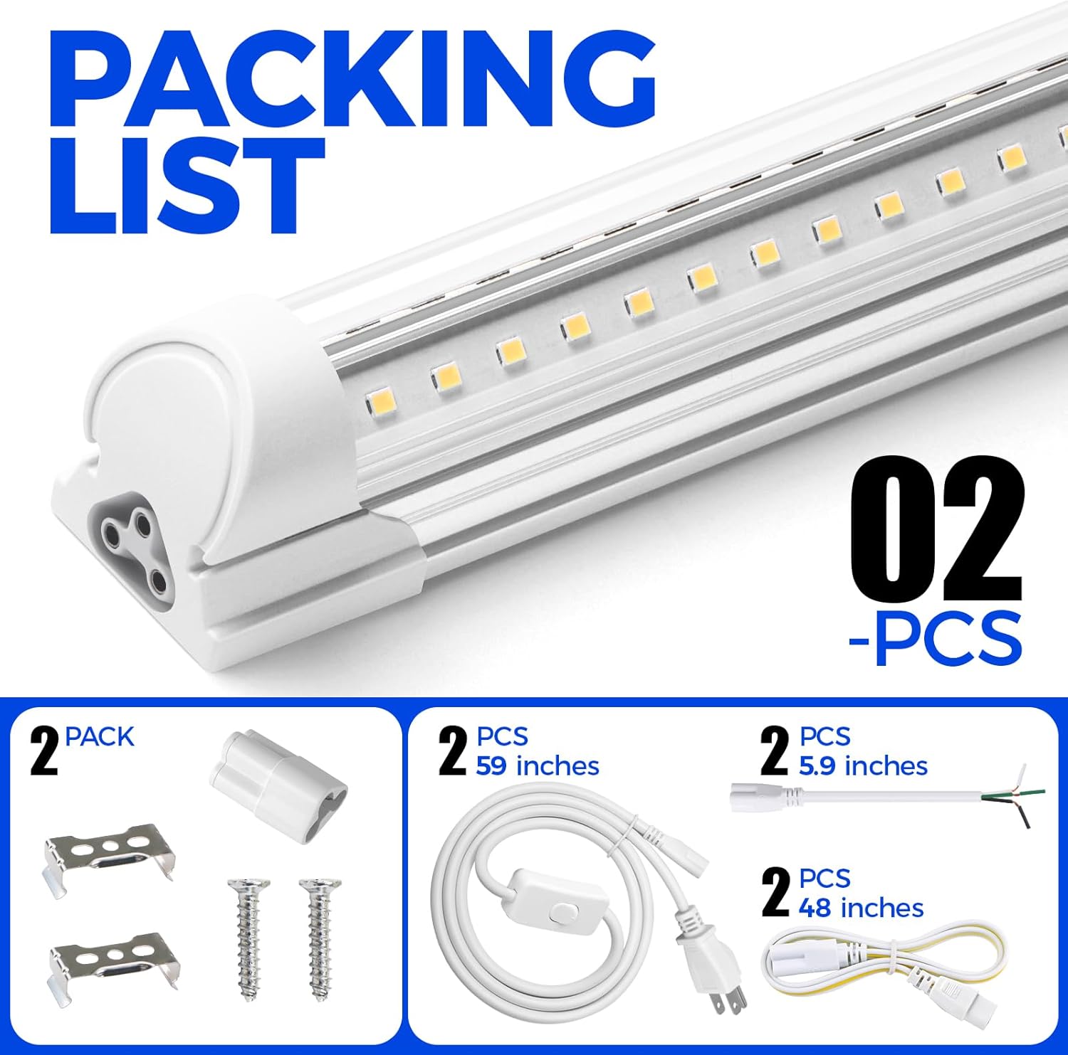 Barrina T8 20W LED Shop Light 2FT 5000K 3000LM 2 Pack | Clear Cover & V Shape Tube | BAF20