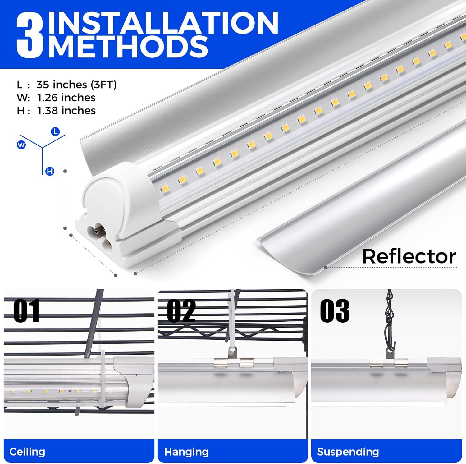 LED tube light with installation methods and dimensions displayed.