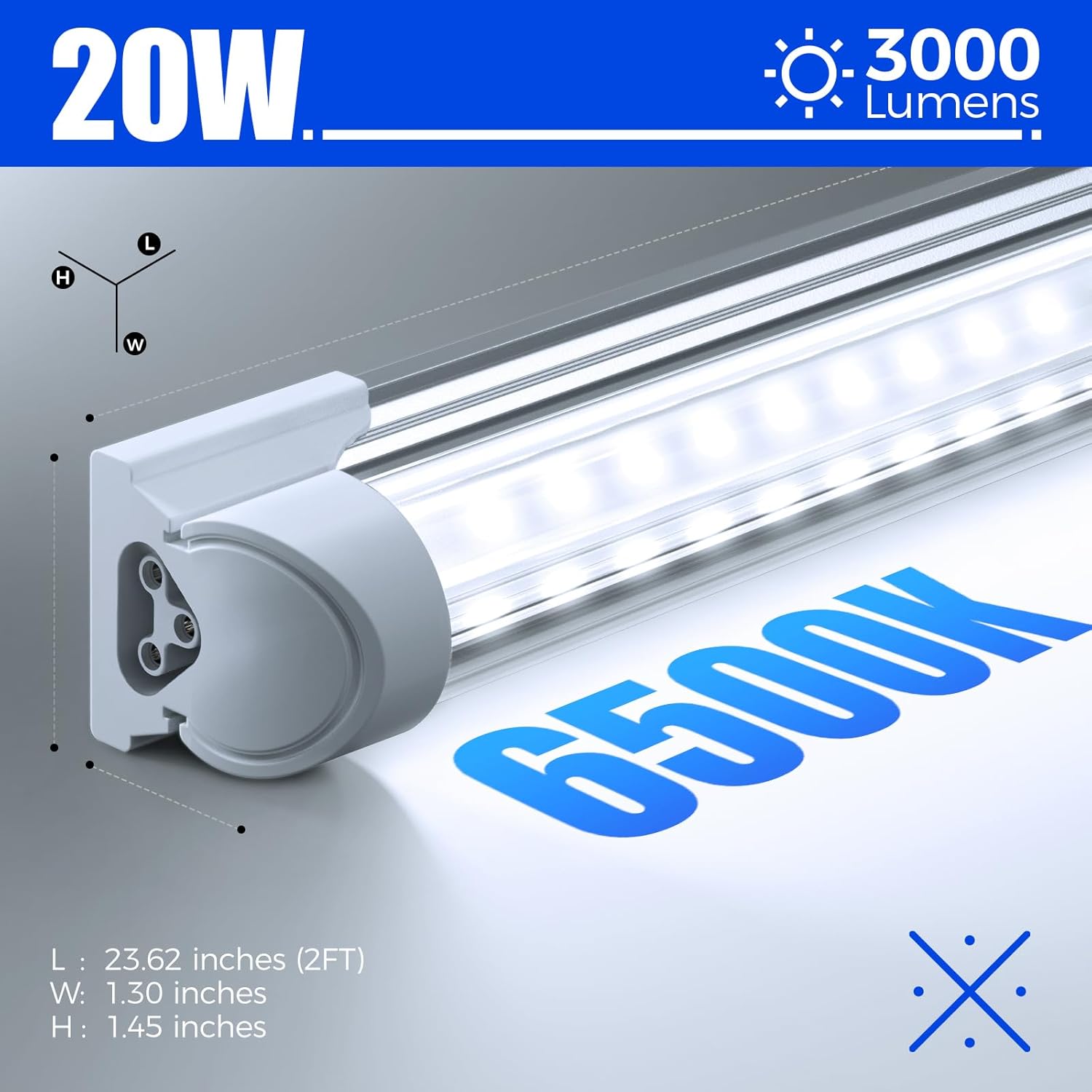 Barrina T8 20W LED Shop Lights 2FT 6500K 3000LM | Clear Cover & V Shape Tube | BAF20