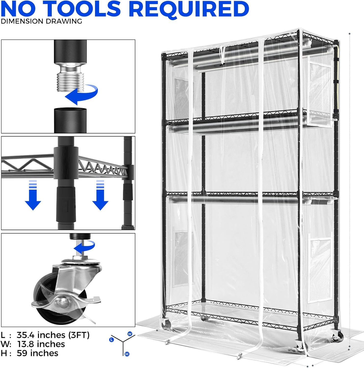 Clothing rack with clear cover and assembly diagram on a white background