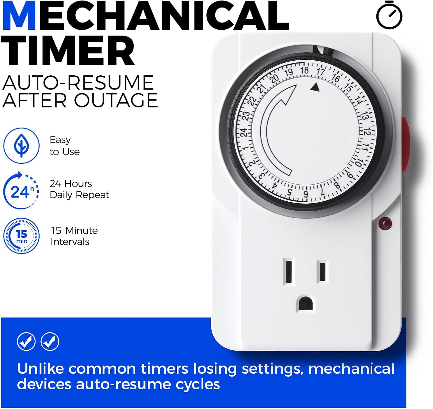 Mechanical timer with features highlighted on a white background