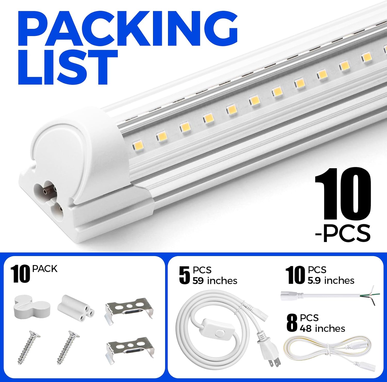 Barrina T8 40W LED Shop Lights 4FT 5000K 5000LM 10 Pack | Clear Cover & V Shape Tube | BAL40