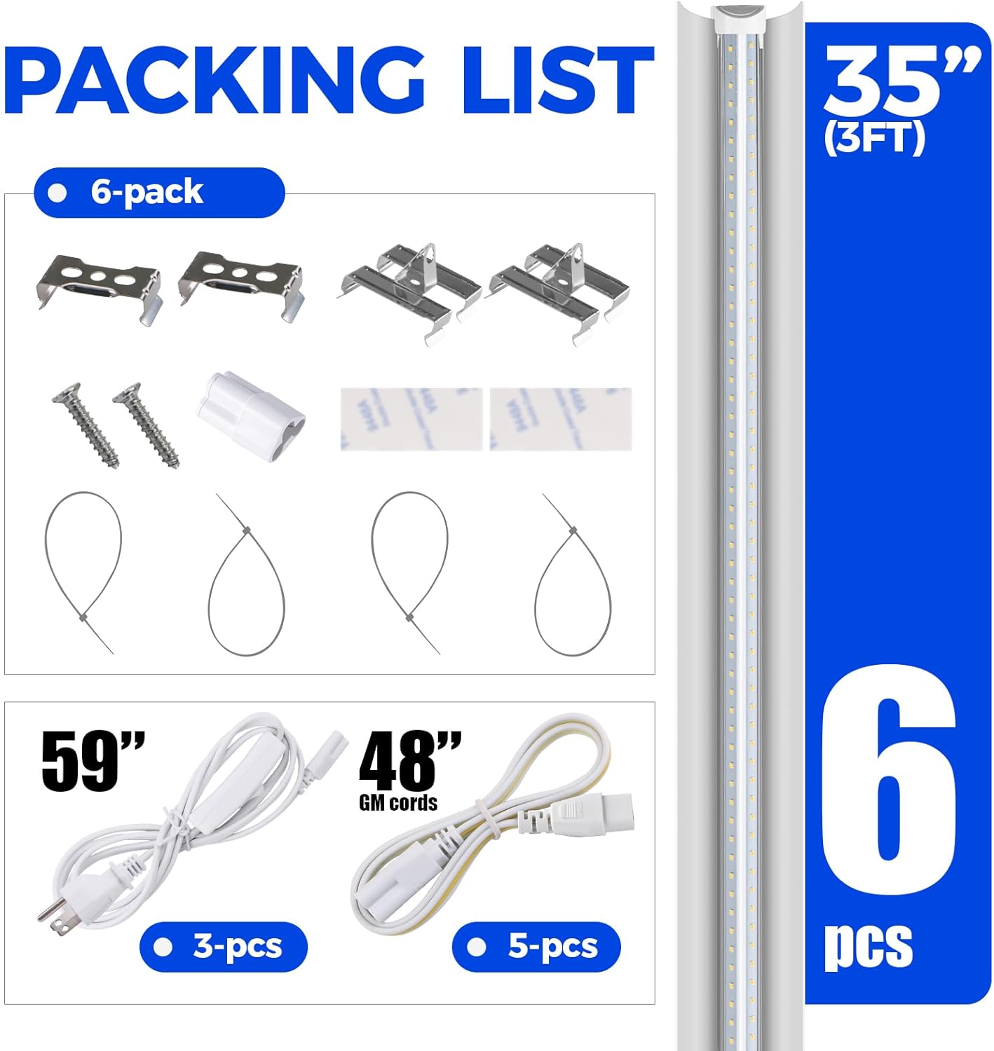 Barrina T8 30W LED Grow Light 3FT 5000K  6 Pack | Reflectors & Linkable | QI30