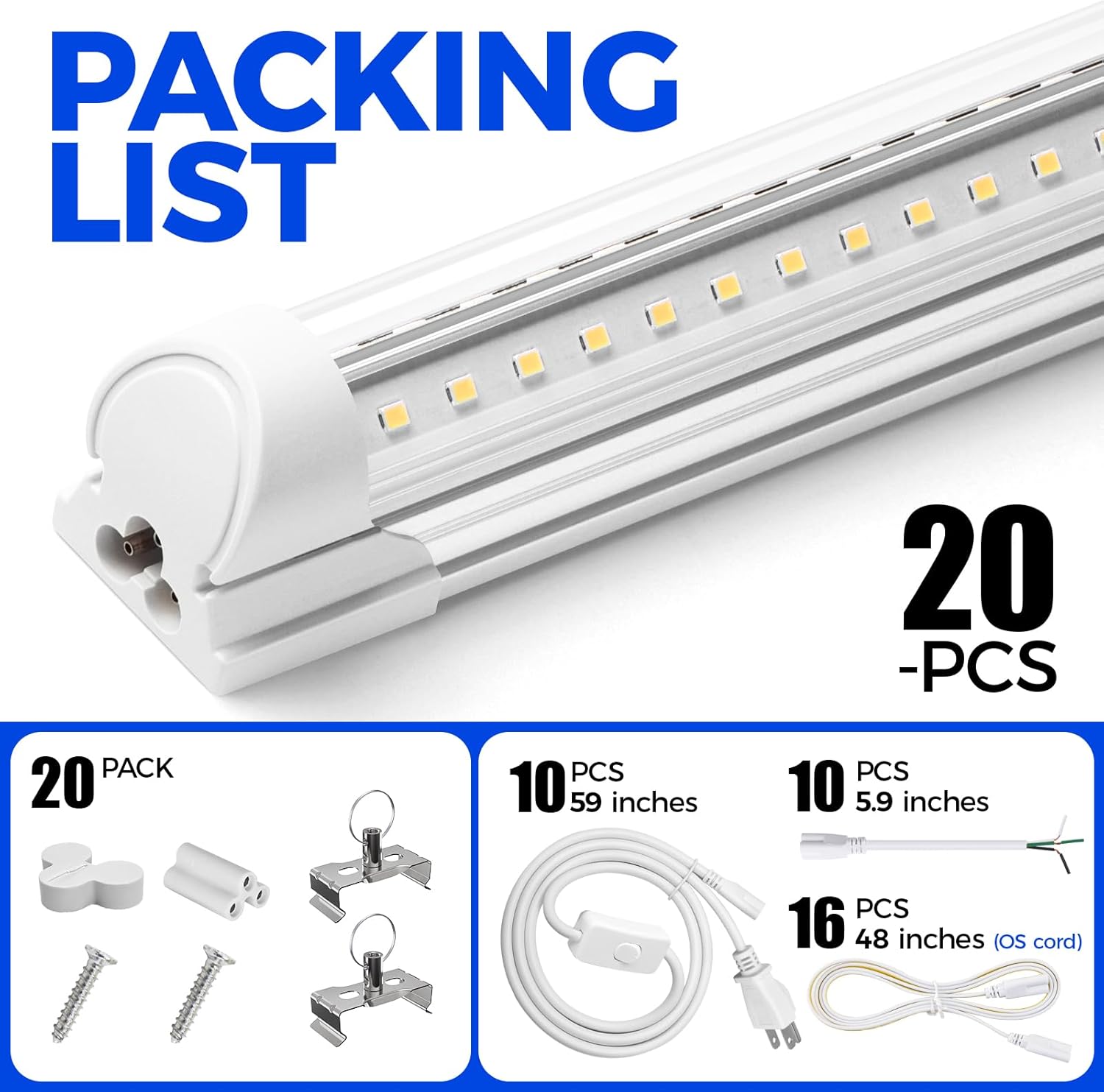 Barrina T8 40W LED Shop Lights 4FT 5000K 5000LM 20 Pack | Clear Cover & V Shape Tube | BAL40