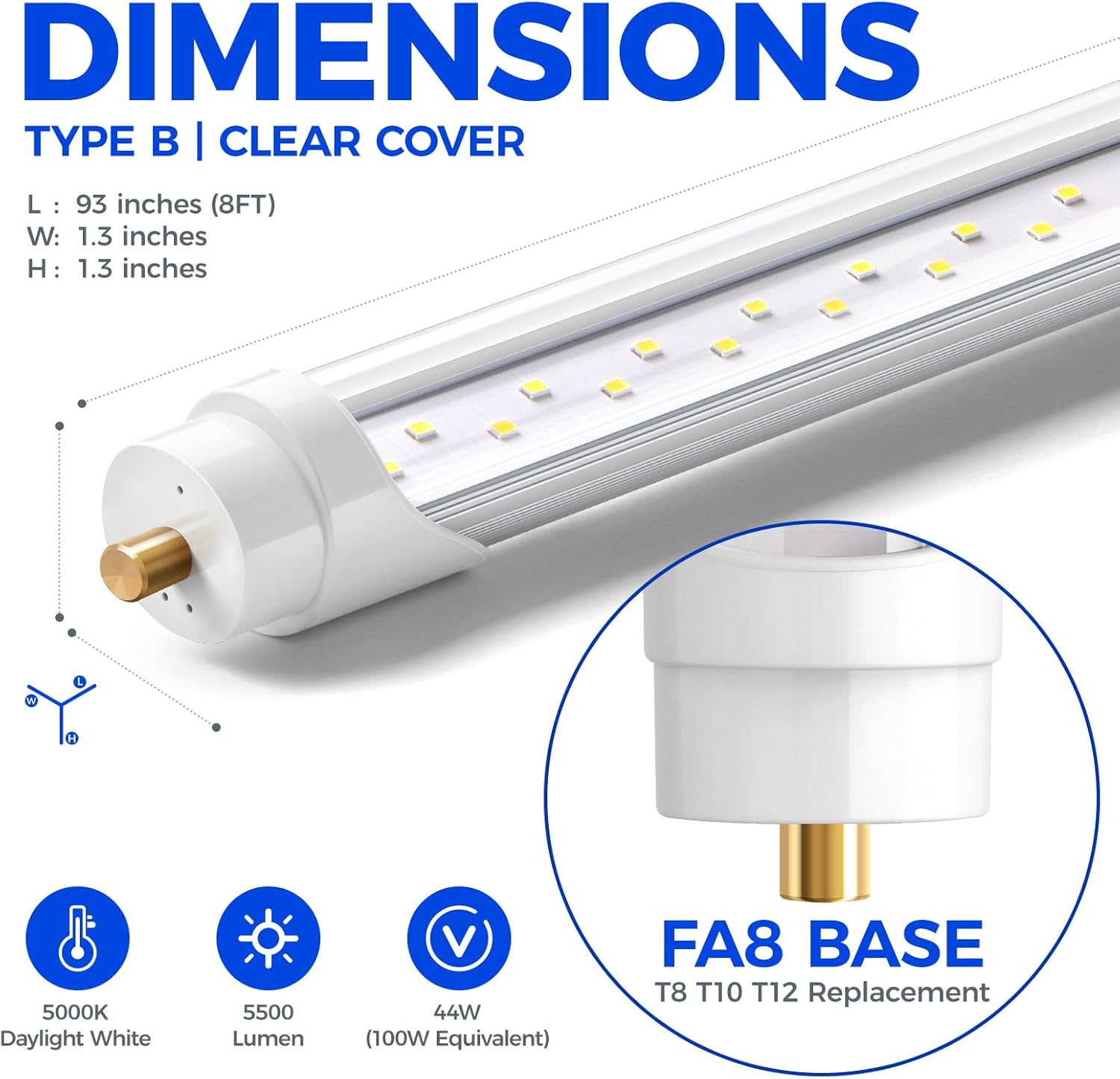 Barrina T8 44W LED Tube Lights 8FT 5000K 5000LM | FA8 Base, Fluorescent Tubes Replacement & Clear Cover | TBX44