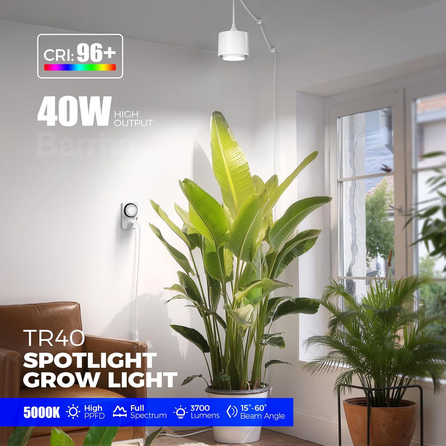 Barrina TR40 40W LED Grow Lights 5000K | Full Spectrum, Hanging & Timer | TR40 (White)