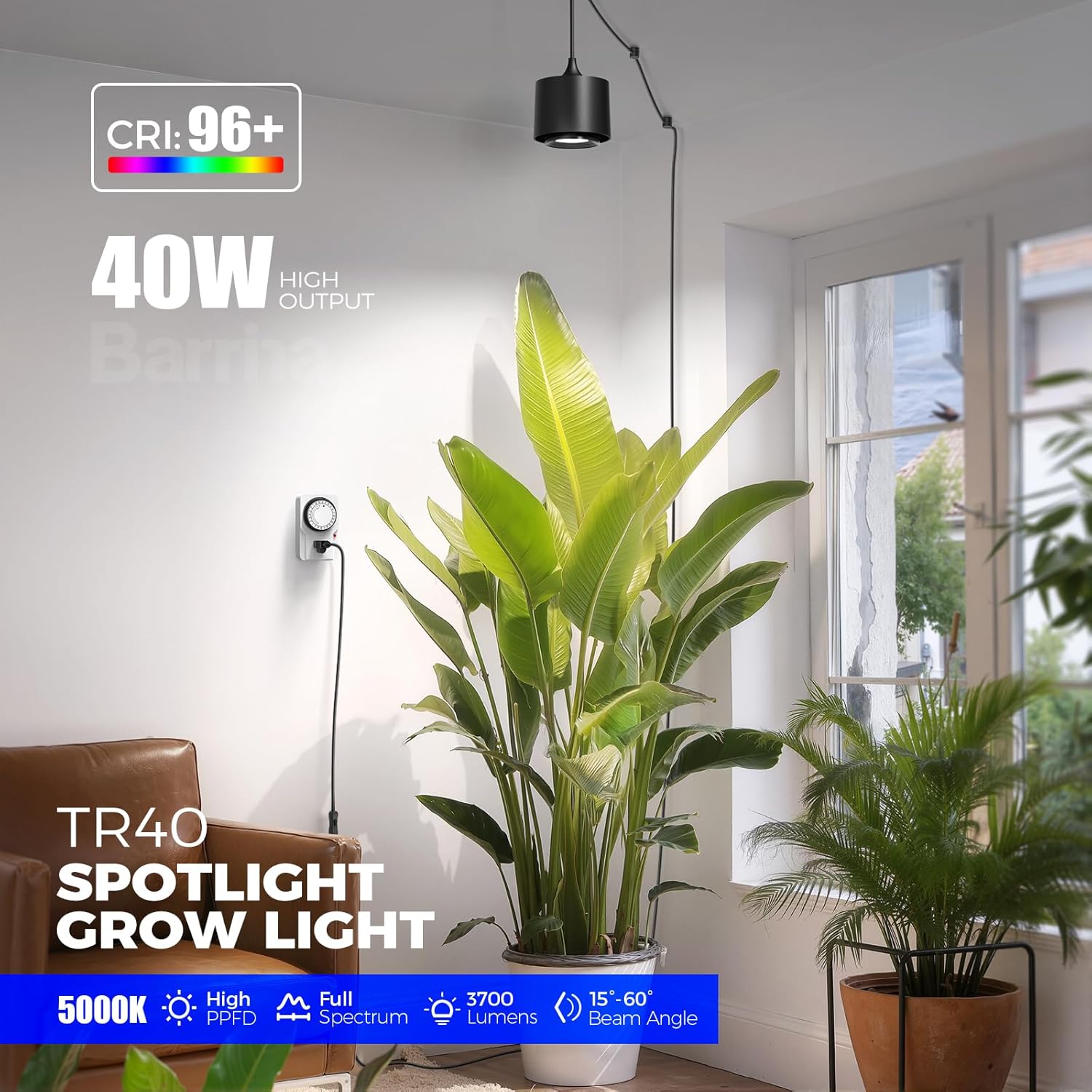 Barrina TR40 40W LED Grow Lights 5000K | Full Spectrum, Hanging & Timer | TR40 (Black)