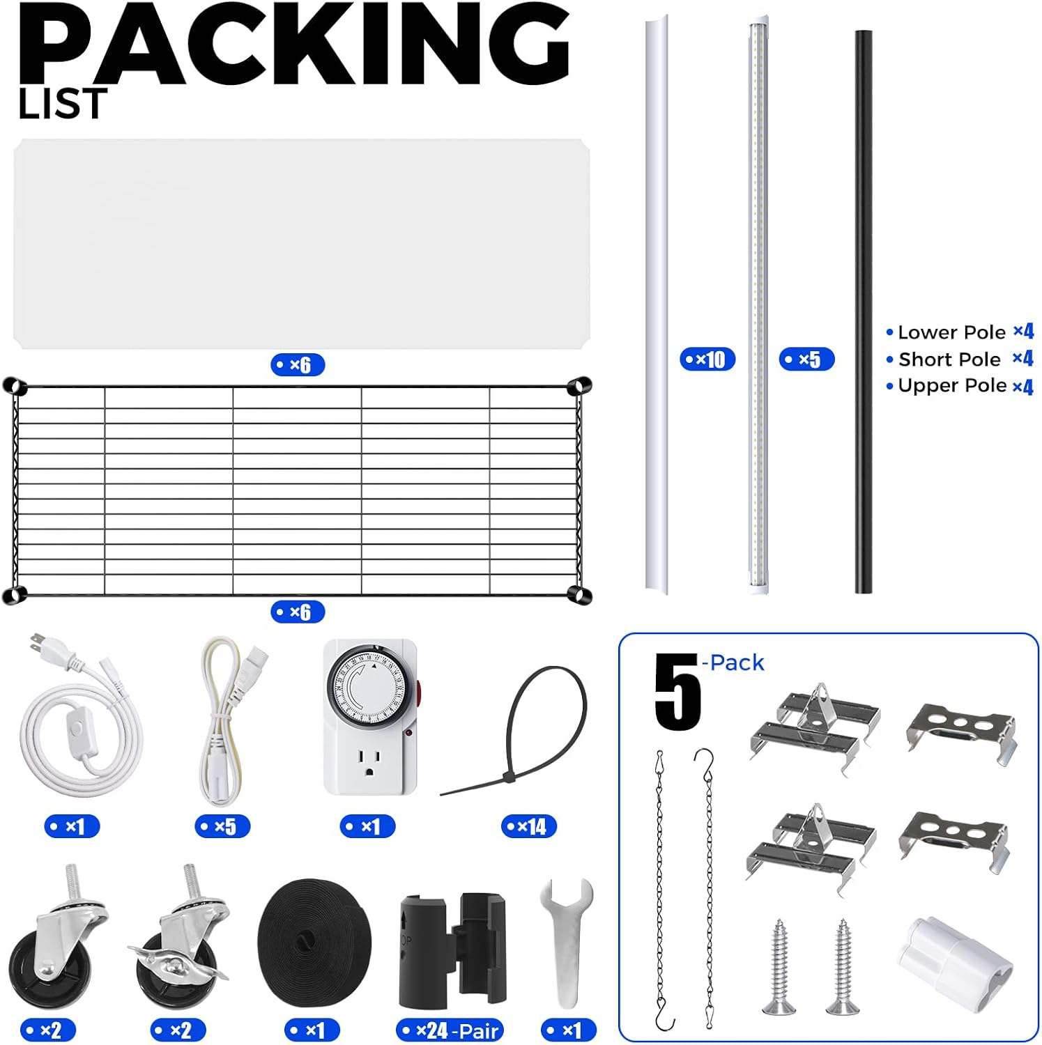 Packing list for a set of equipment with various components on a white background.