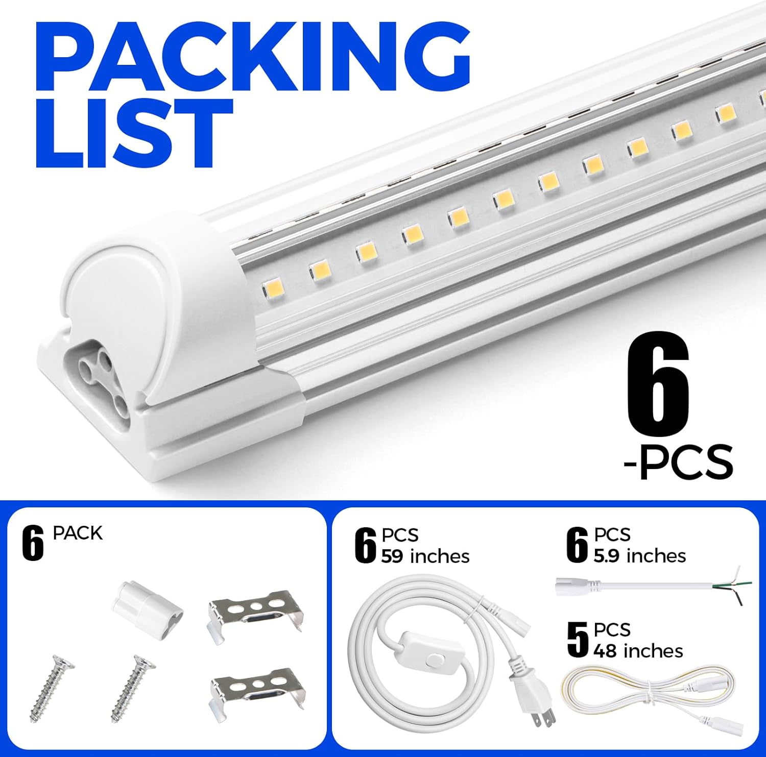 Barrina T8 40W LED Shop Lights 4FT 5000K 5000LM 6 Pack | Clear Cover & V Shape Tube | BAL40
