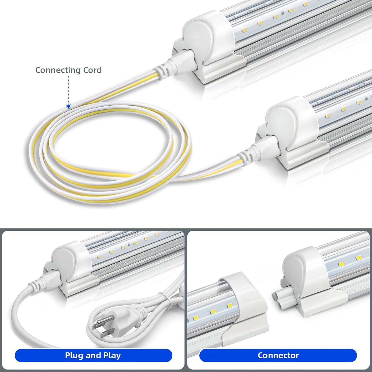 LED light strips with connectors and a plug on a white background