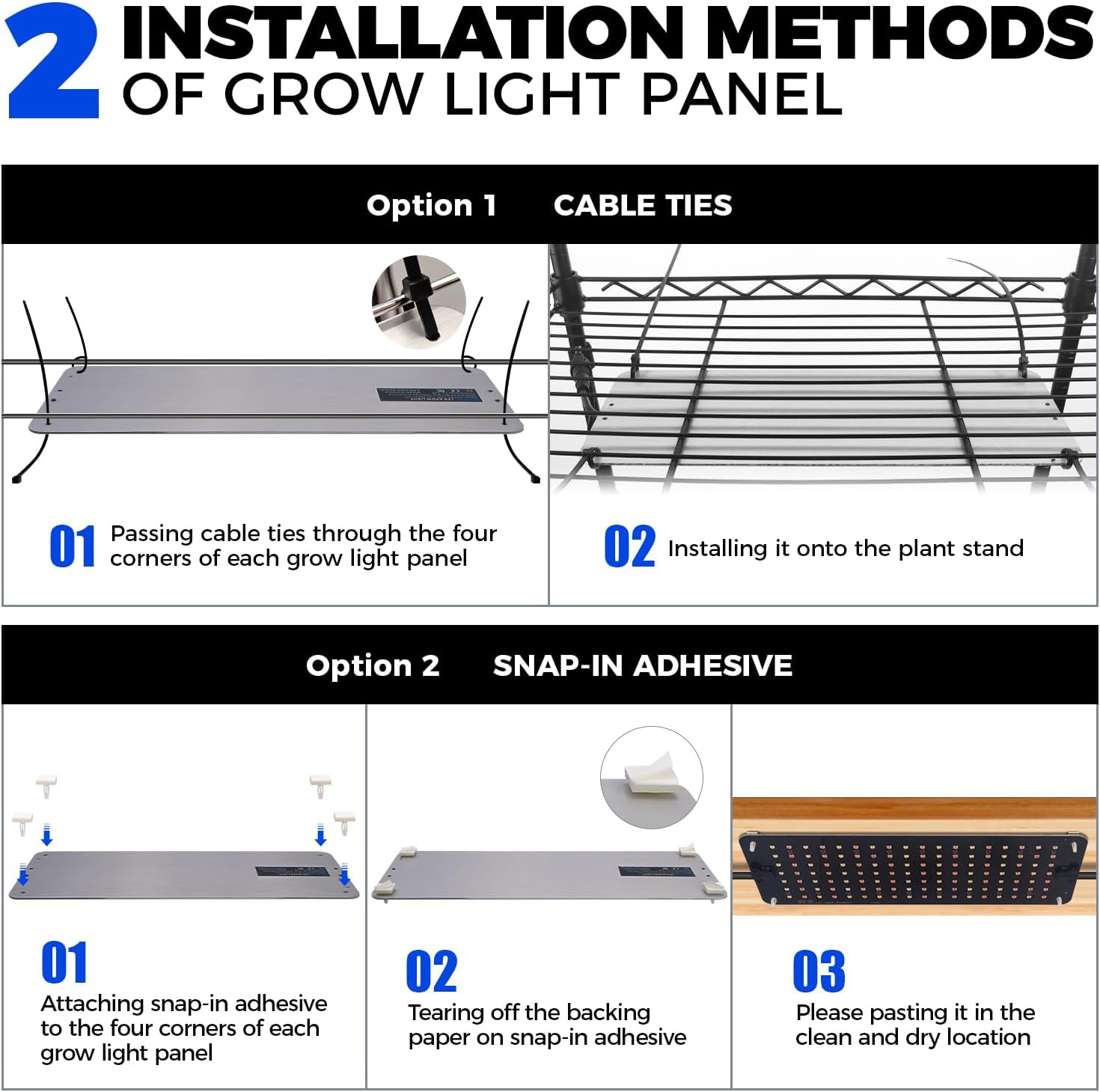 Instructions for installing a grow light panel using cable ties and snap-in adhesive.