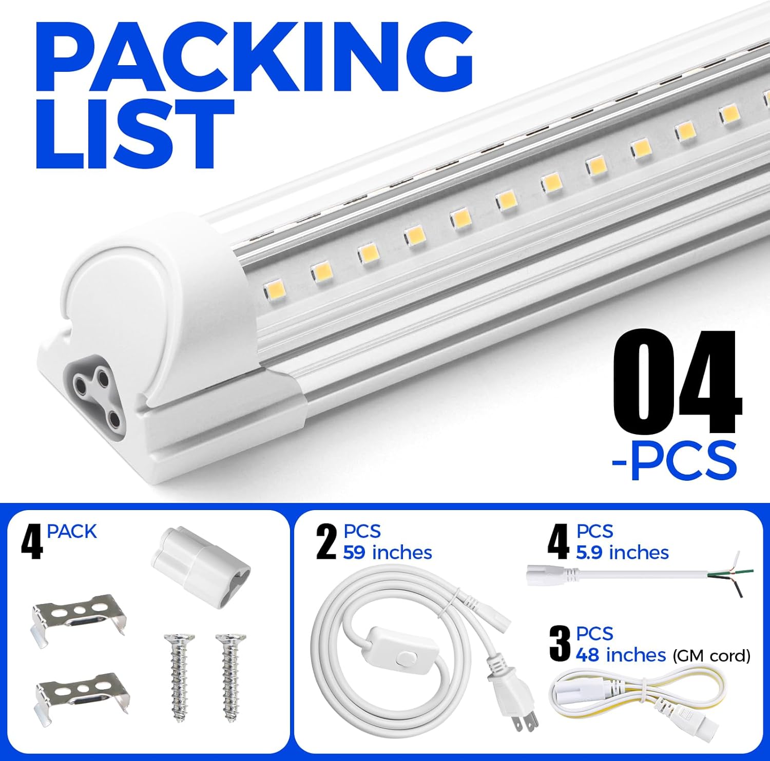 Barrina T8 20W LED Shop Light 2FT 5000K 3000LM 4 Pack | Clear Cover & V Shape Tube | BAF20