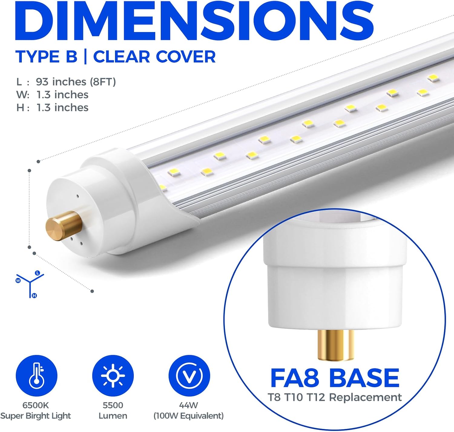 Barrina T8 44W LED Tube Lights 8FT 6500K 5000LM | FA8 Base, Fluorescent Tubes Replacement & Clear Cover | TBX44