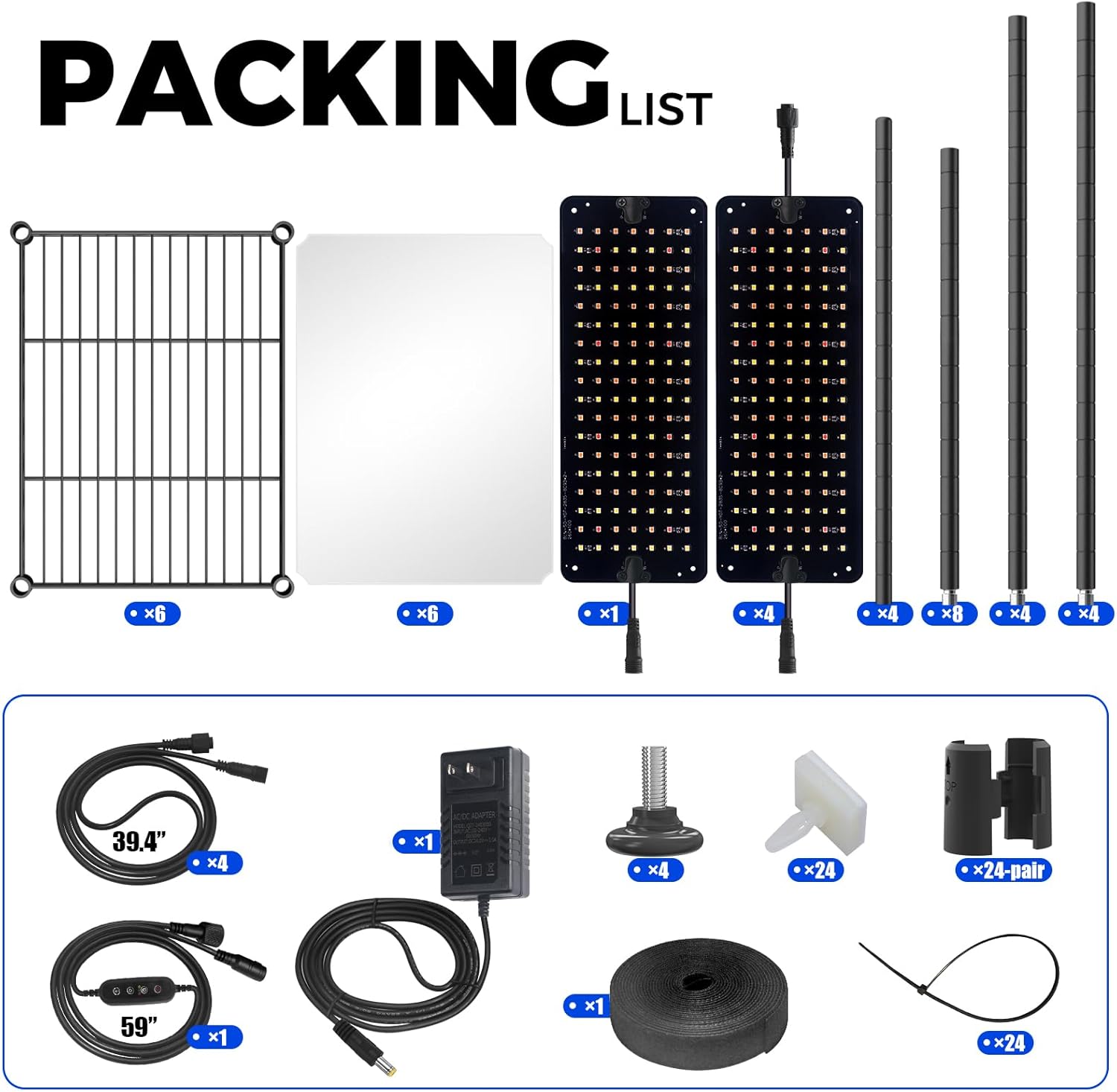 Packing list for a solar panel system with components and accessories on a white background.