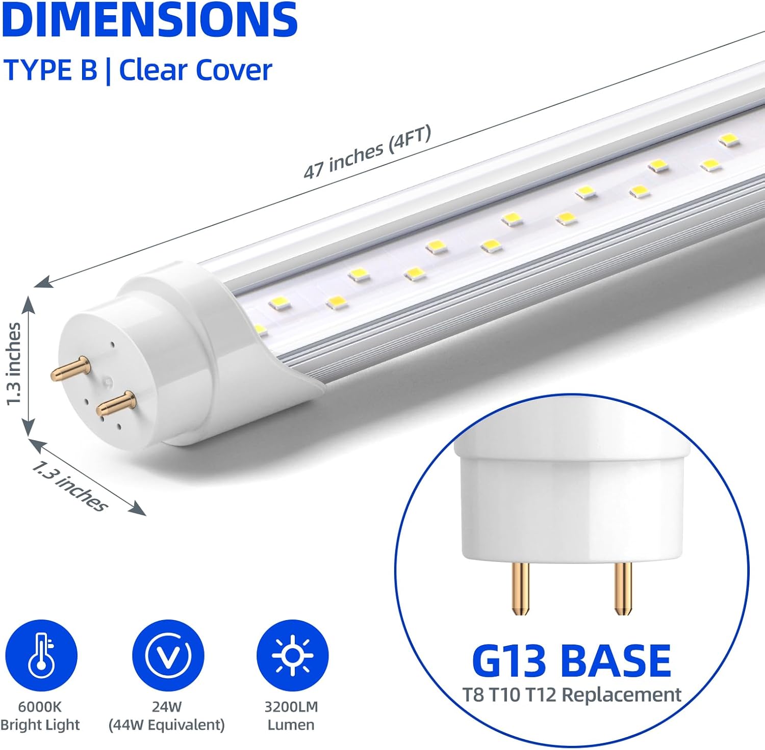 Barrina T8 24W LED Tube Lights 4FT 6000K 3200LM | G13 Base, Fluorescent Replacement & Clear Cover | TBL24