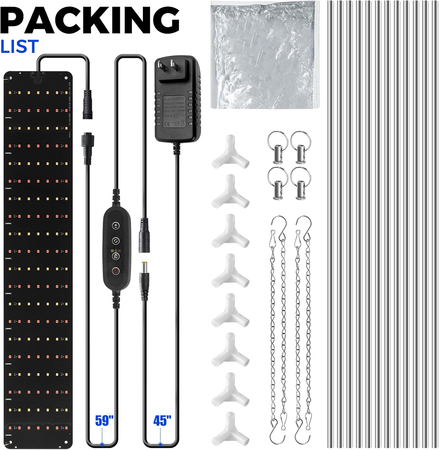 Packing list with LED light panel, control unit, hooks, and other components on a white background.