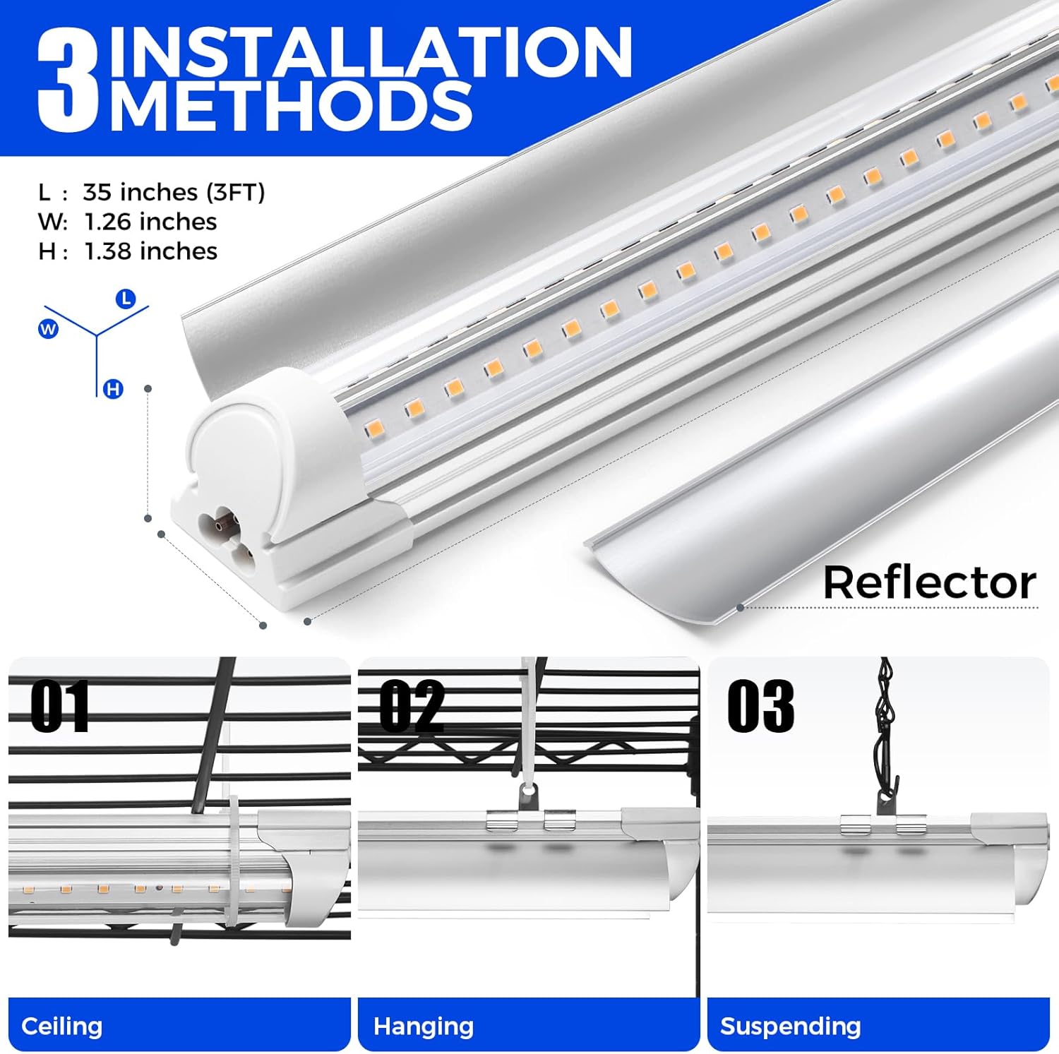 LED tube light with installation methods and dimensions on a blue background