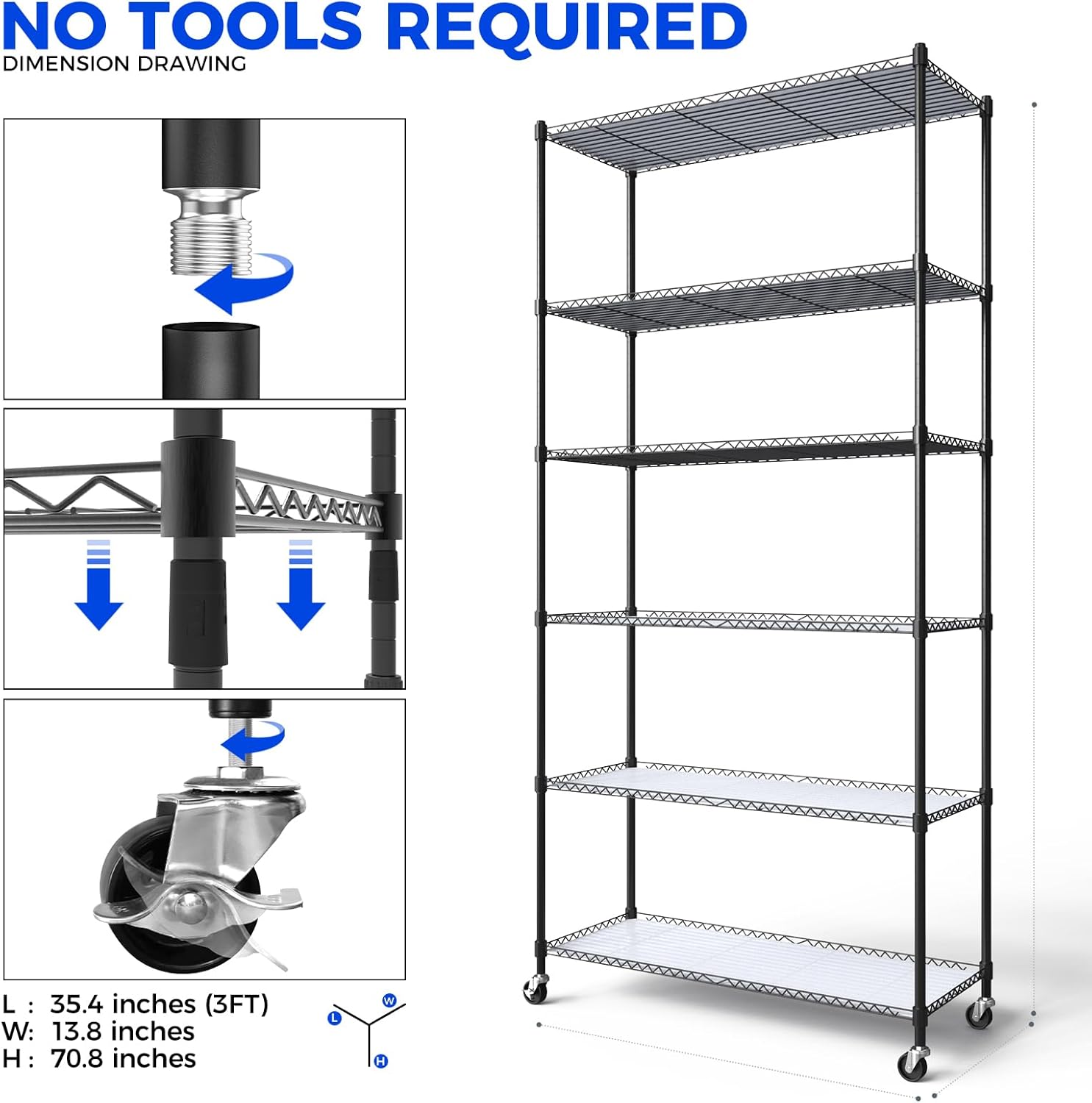 Metal shelving unit with wheels and assembly diagram on a white background