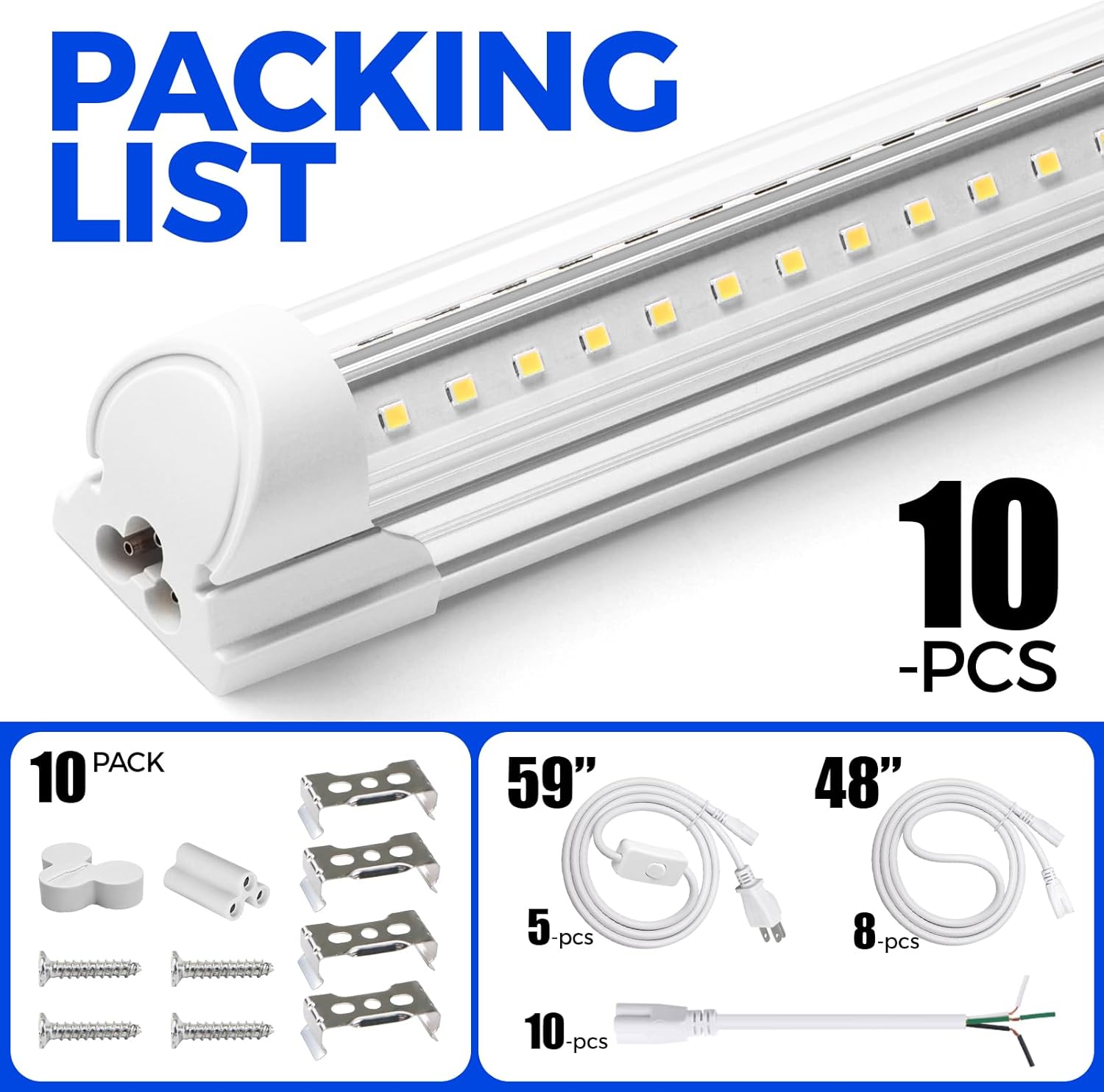 Barrina T8 72W LED Shop Lights 8FT 5000K 10000LM 10 Pack | Clear Cover & V Shape Tube | BAX72