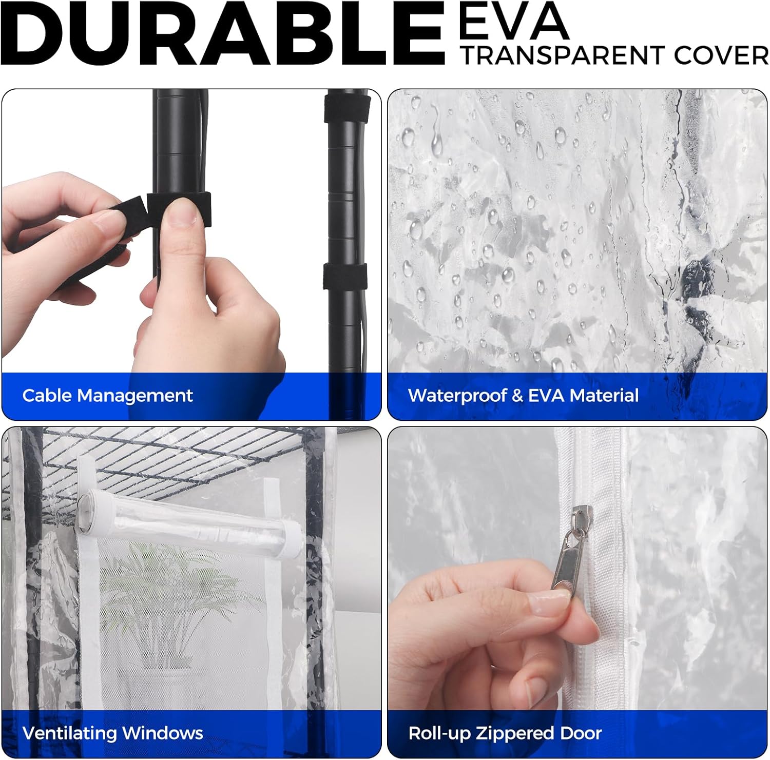 Durable EVA transparent cover with cable management, waterproof material, ventilating windows, and roll-up zipped door features.