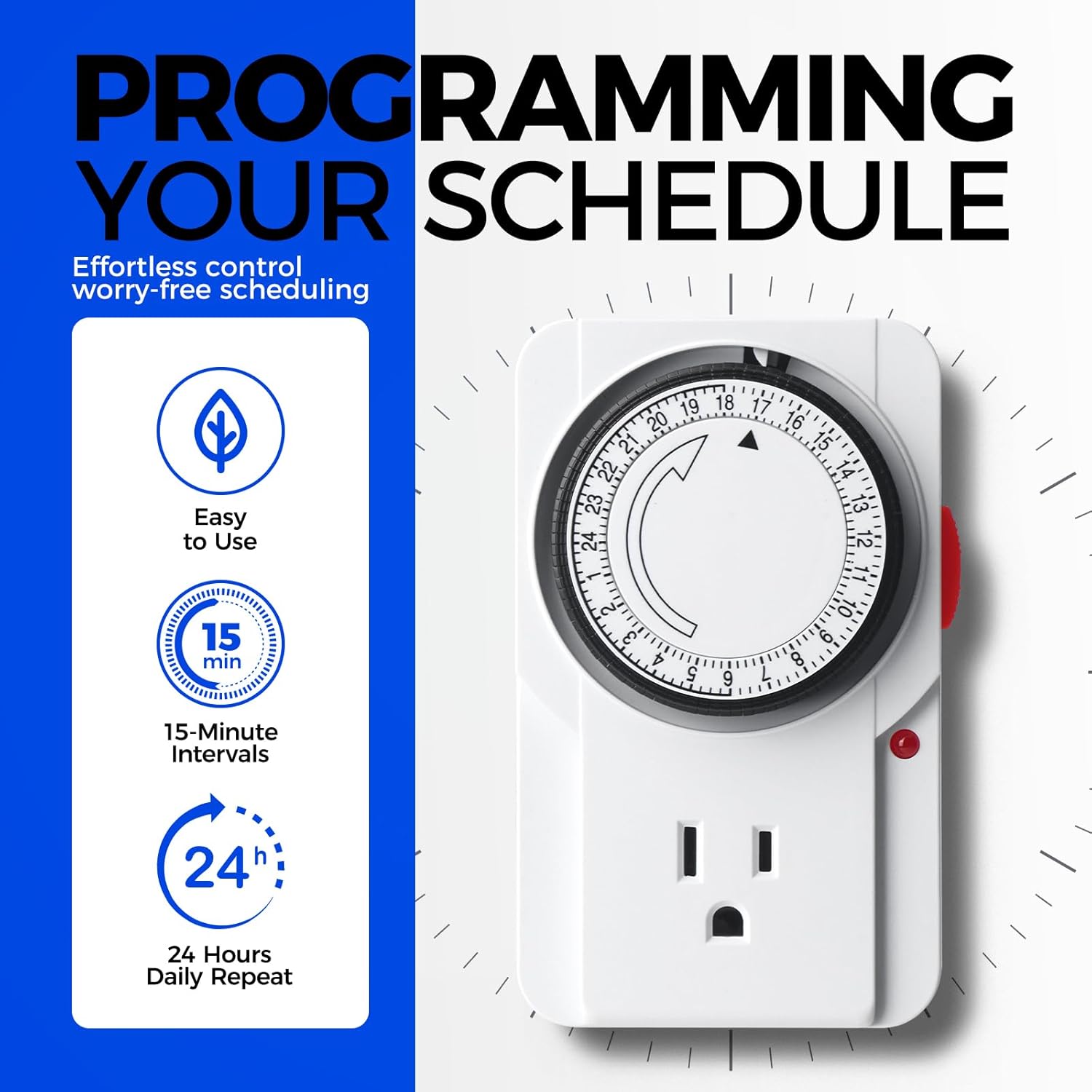 Timer with features highlighted on a blue and white background