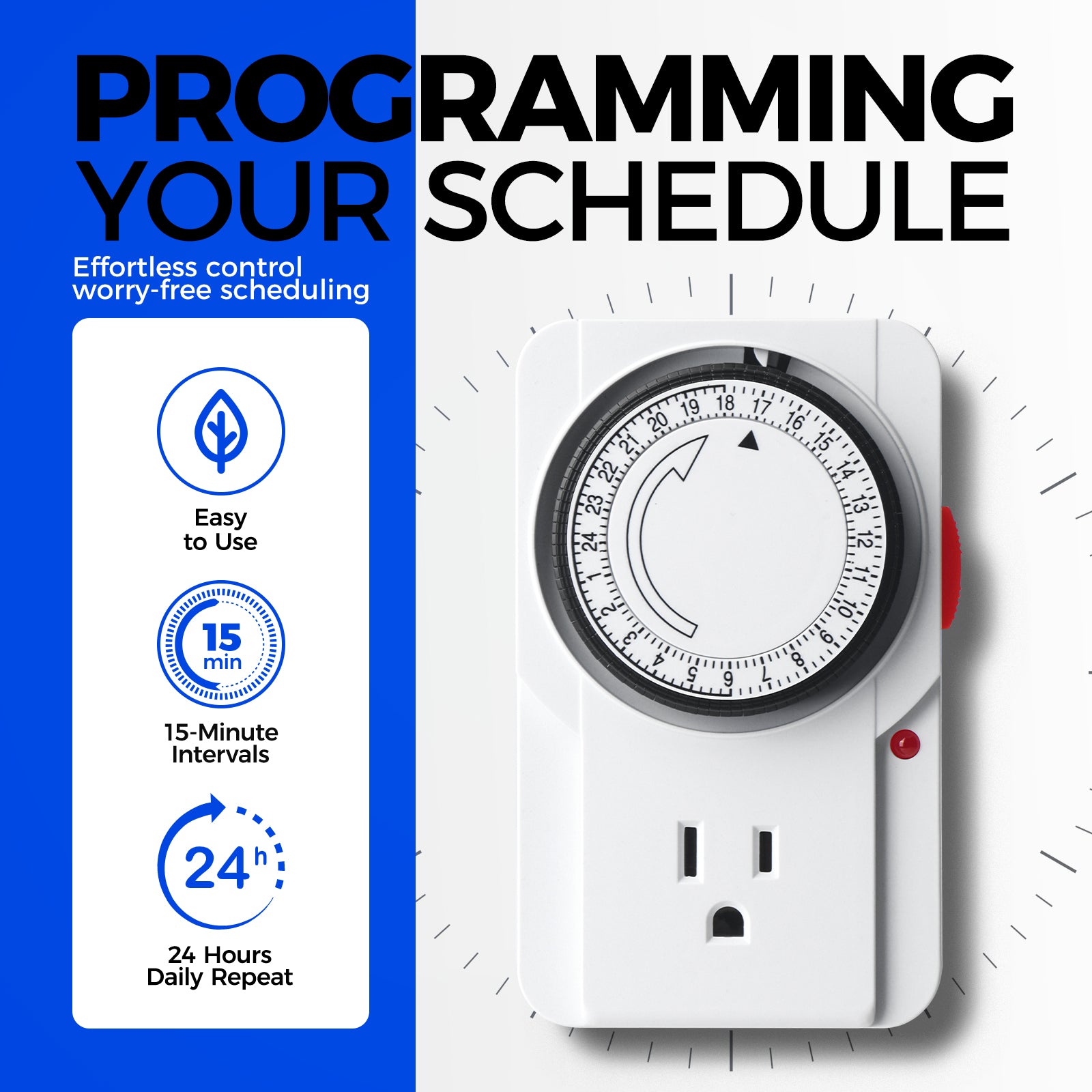 Timer with features highlighted on a blue and white background