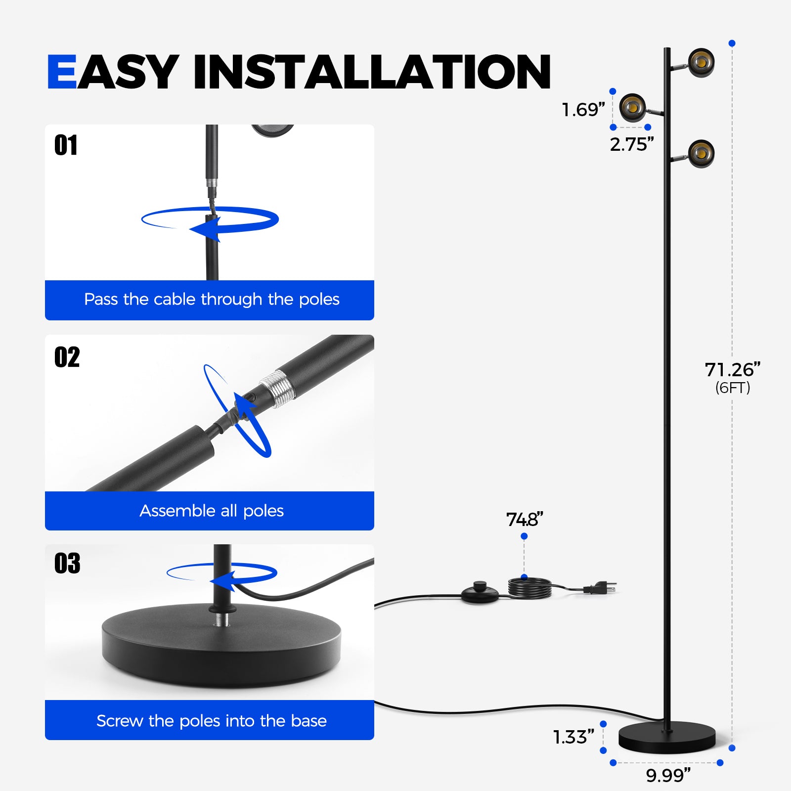 Barrina T1X3 30W LED Standing Grow Light 6FT 5000K | Full Spectrum & Adjustable 3 Heads | T1X3