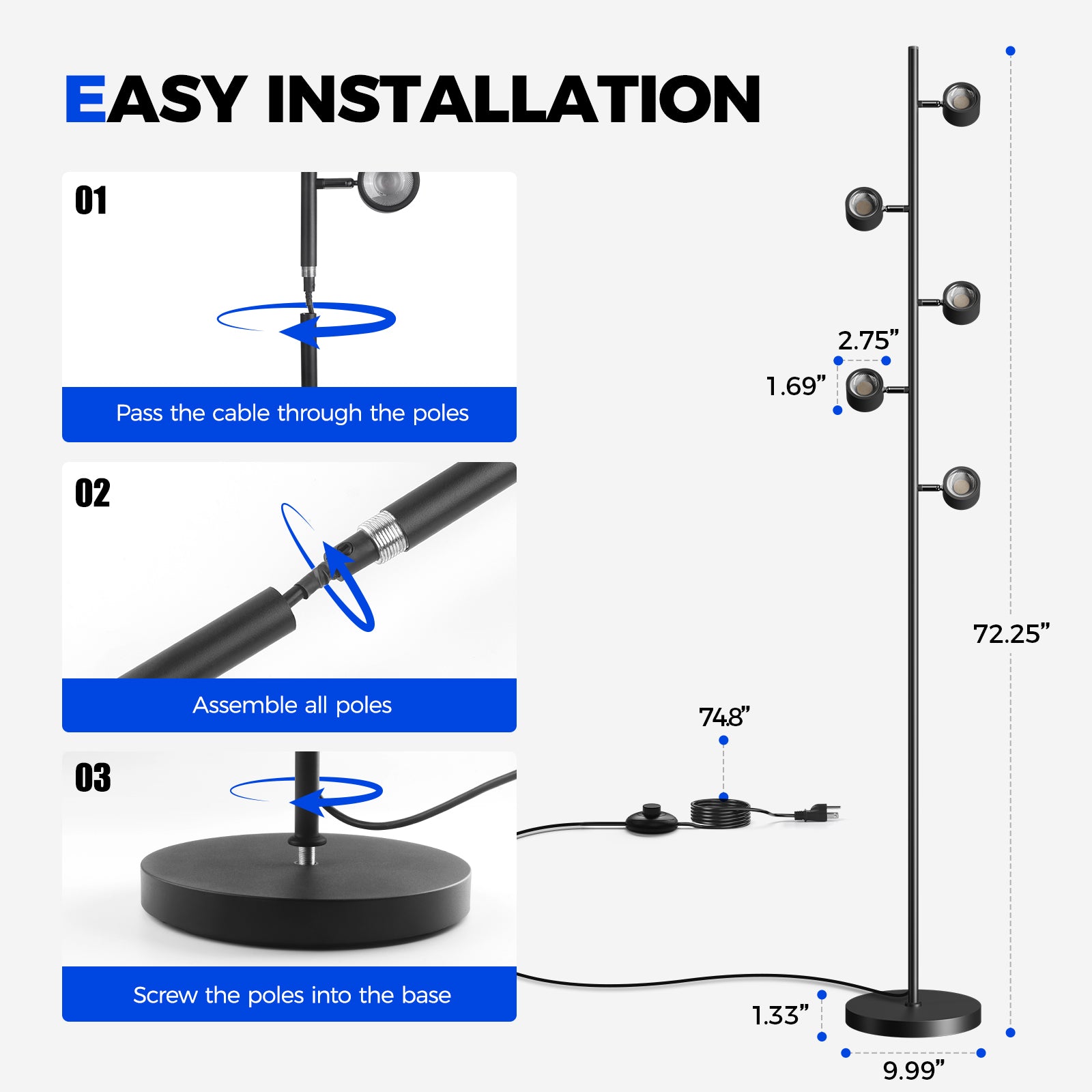 Barrina T1X5 50W LED Standing Grow Light 6FT 5000K | Full Spectrum & Adjustable 5 Heads | T1X5