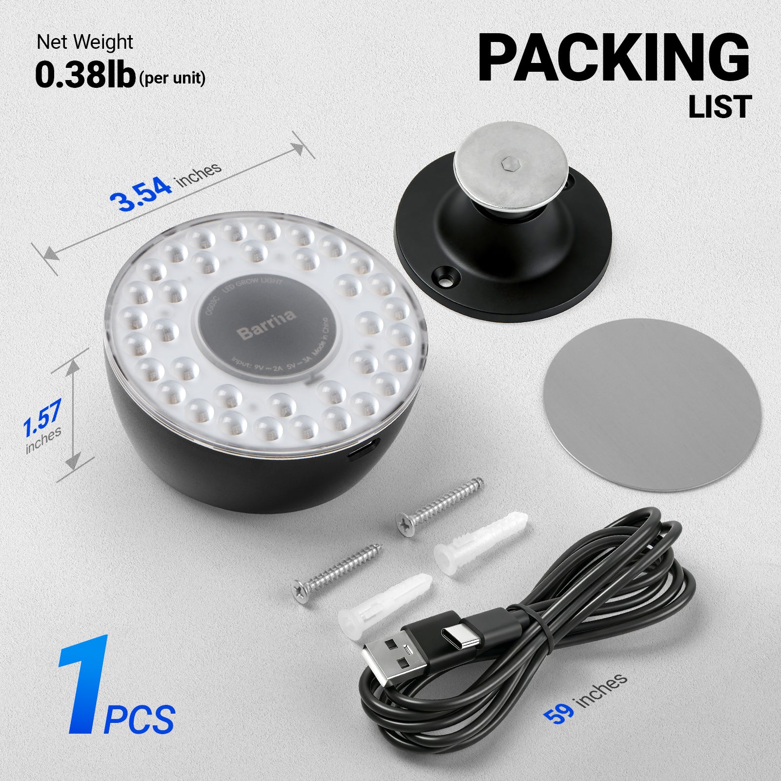 Barrina Orbgrow Rechargeable LED Puck Grow Lights 4000K | Full Spectrum, Magnetic & Timing | OG03C (Black)