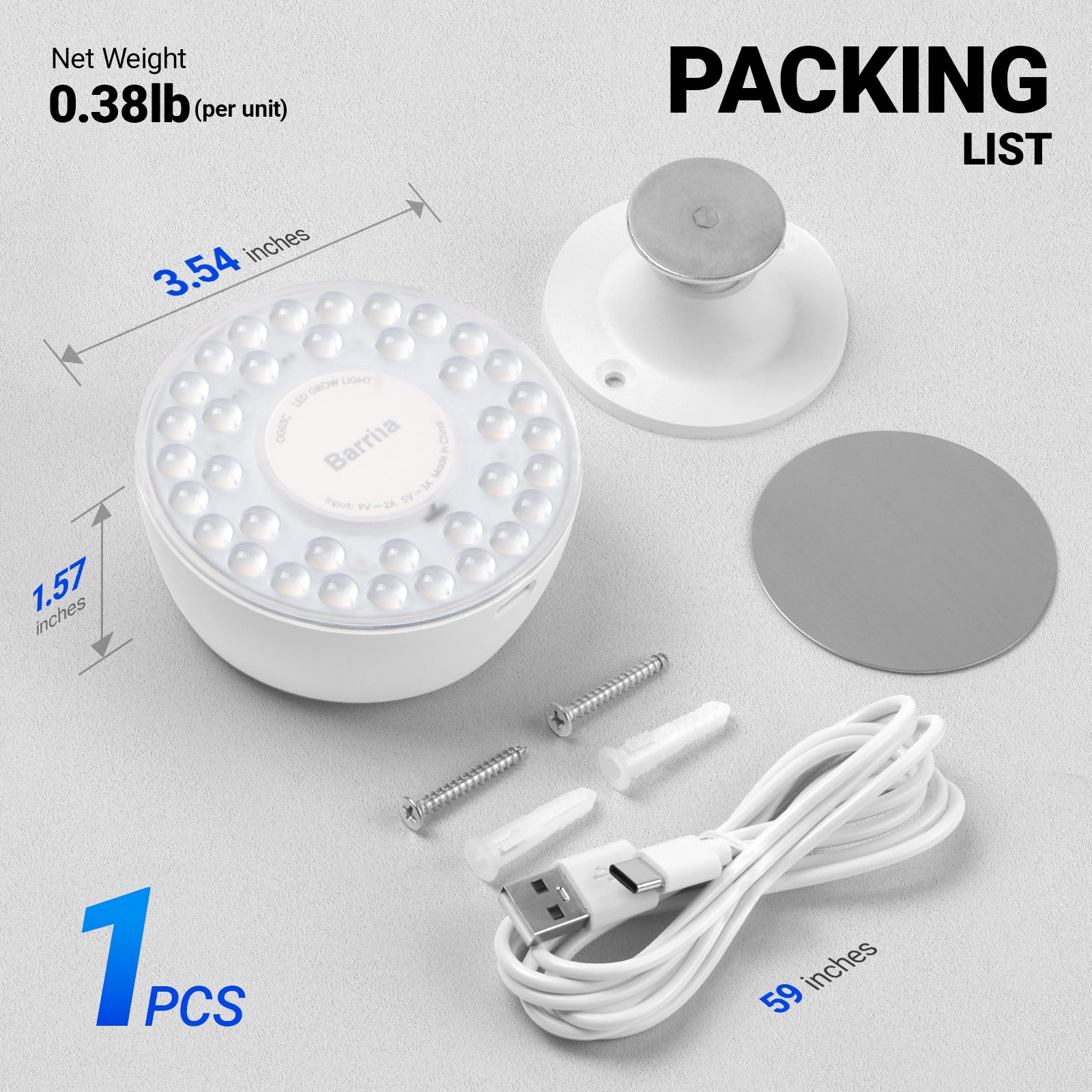 Barrina Orbgrow Rechargeable LED Puck Grow Lights 4000K | Full Spectrum, Magnetic & Timing | OG03C (White)