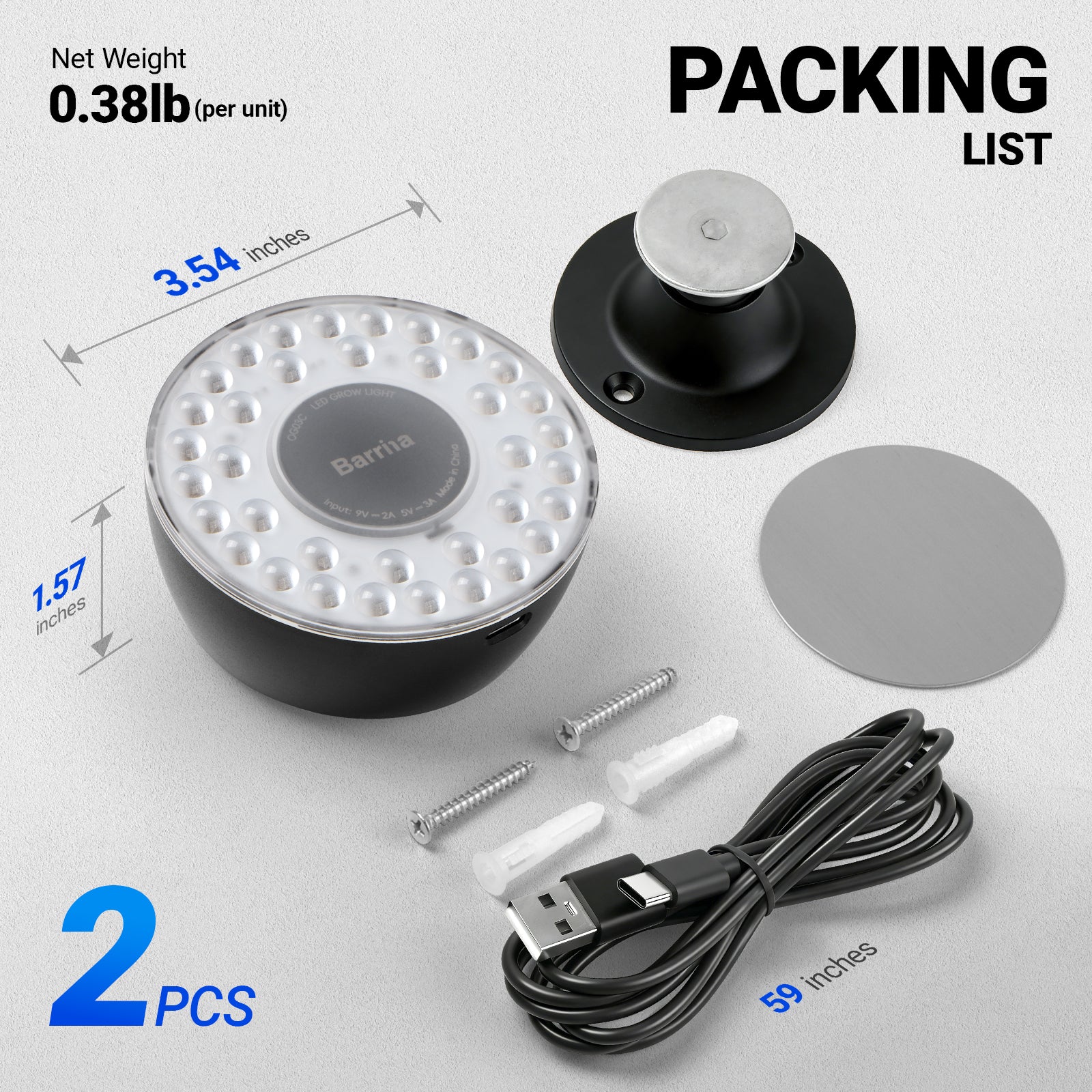 Barrina Orbgrow Rechargeable LED Puck Grow Lights 4000K | Full Spectrum, Magnetic & Timing | OG03C (Black)
