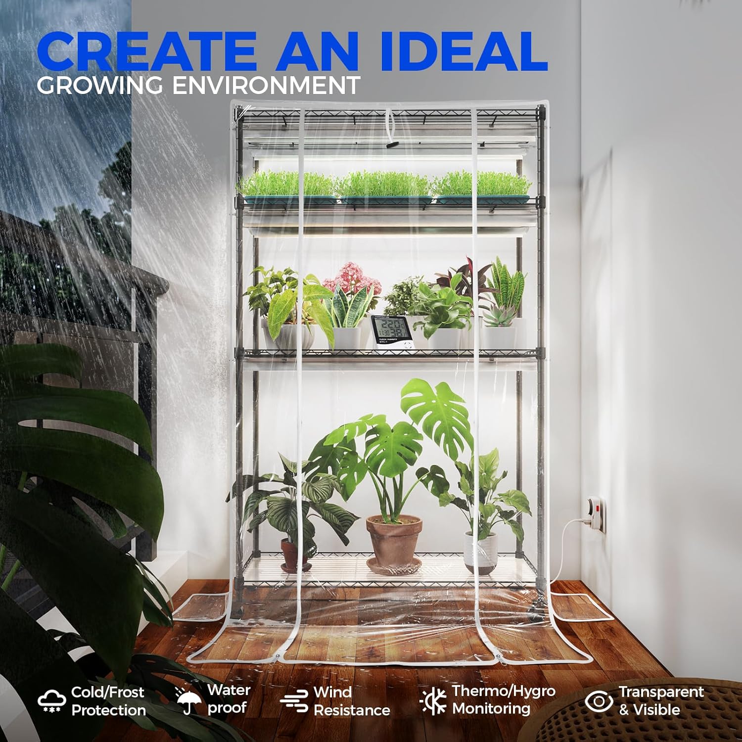 Barrina 4-Tier Plant Stand with 6-Pack T8 30W LED Grow Lights 3FT 5000K | Full Spectrum, Tent, Thermo-Hygrometer & Timer | QI30