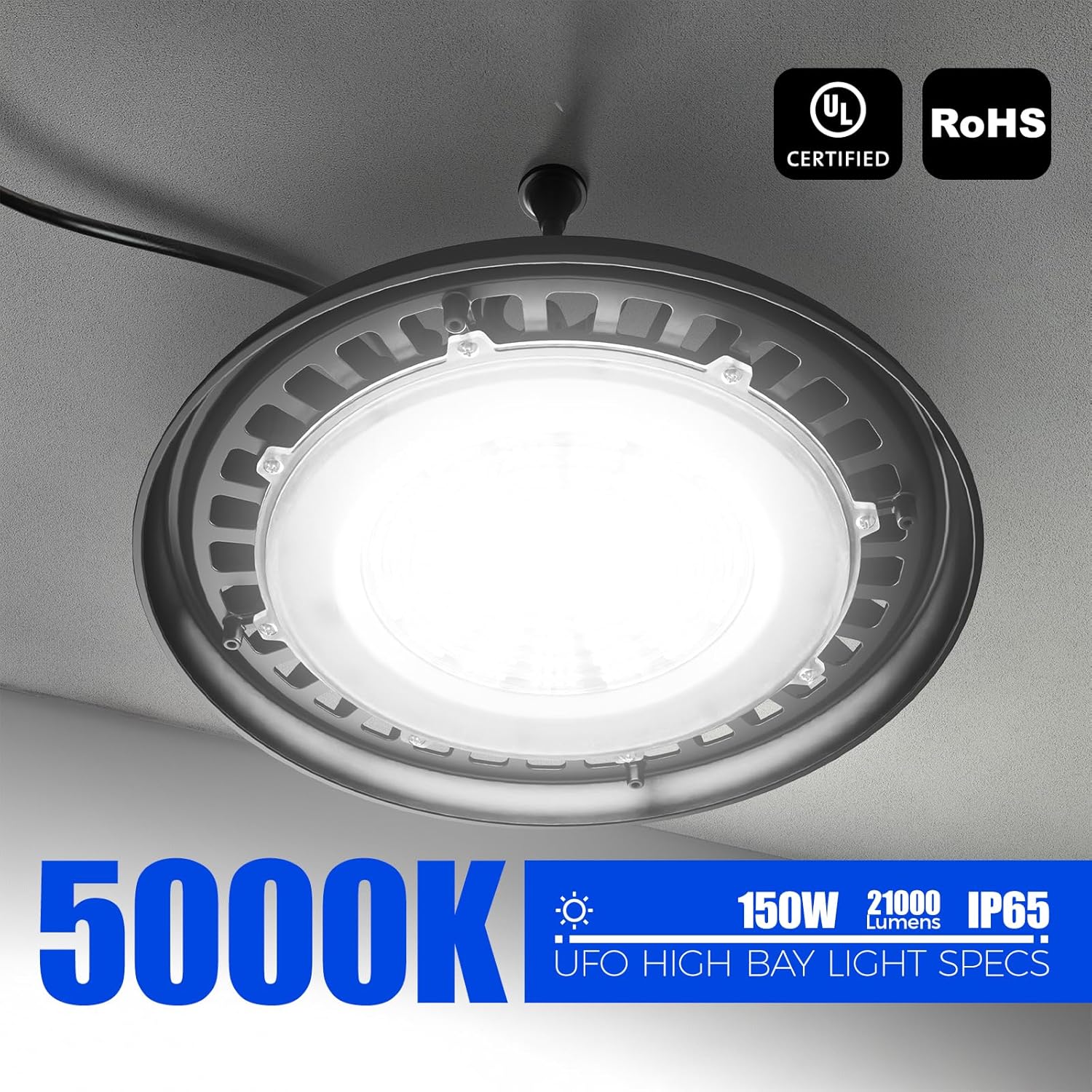 Barrina 150W UFO LED High Bay 5000K 21000LM | 6000V Surge Protection & IP65 Waterproof | BH150