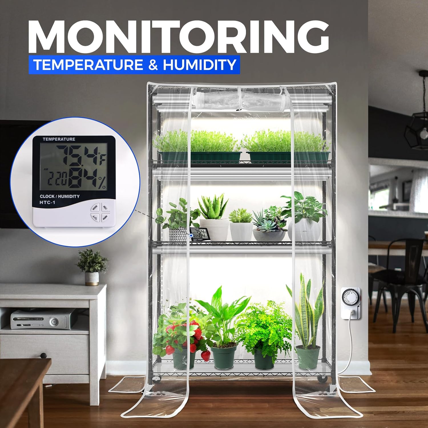 Mini greenhouse with plants inside, temperature and humidity monitor on a wall, and text 'Monitoring Temperature & Humidity'.