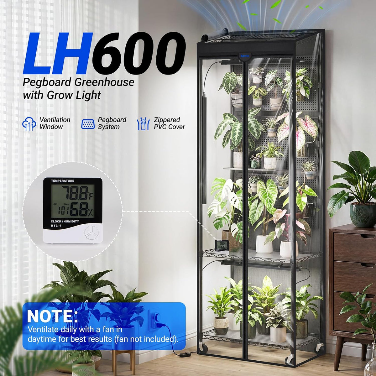 Barrina LH600 Greenhouse with 4-Pack Grow Lights 70W 5000K, | 3 Adjustable Pegboards& Timer | LH600