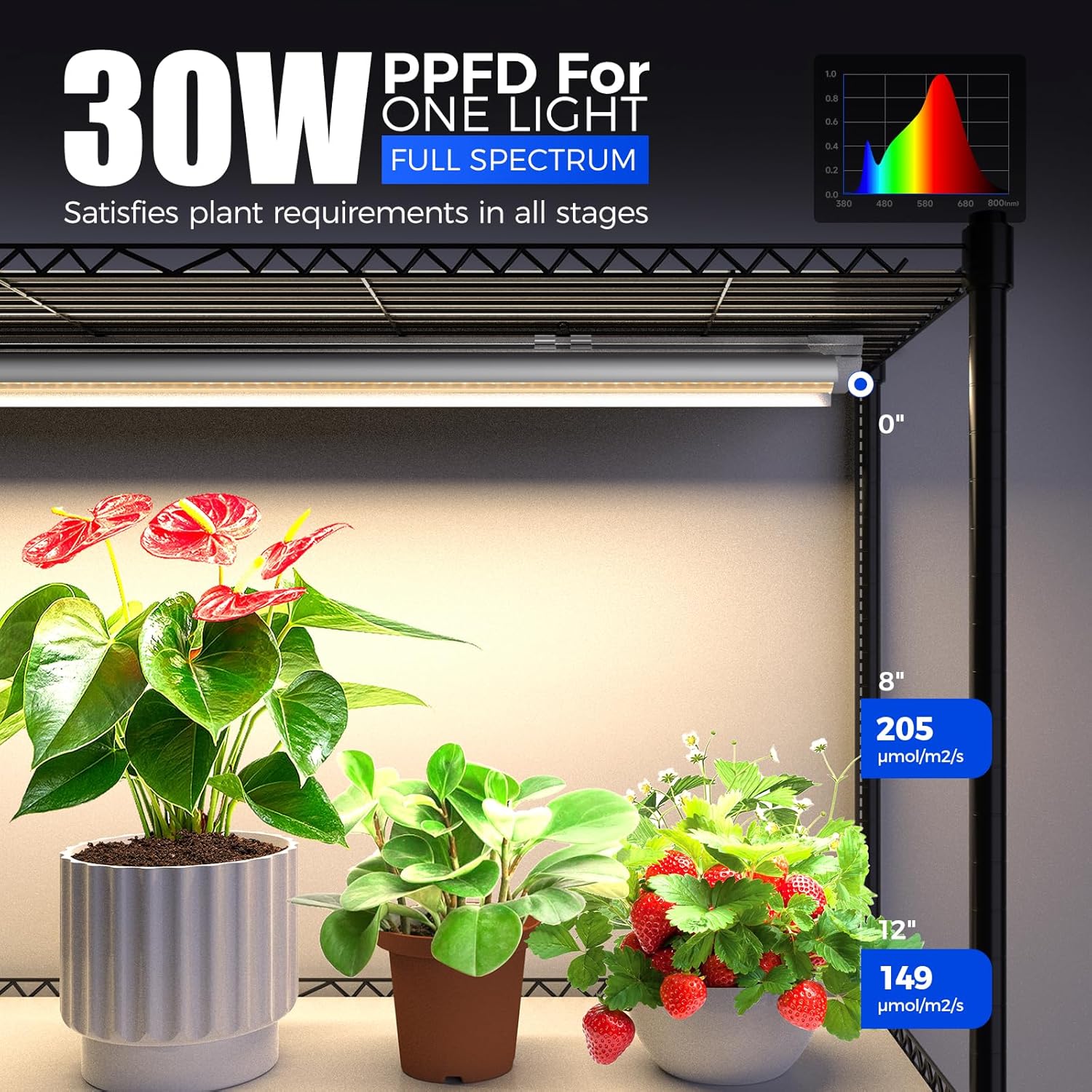 LED grow light with plants under it, highlighting its full spectrum capabilities.