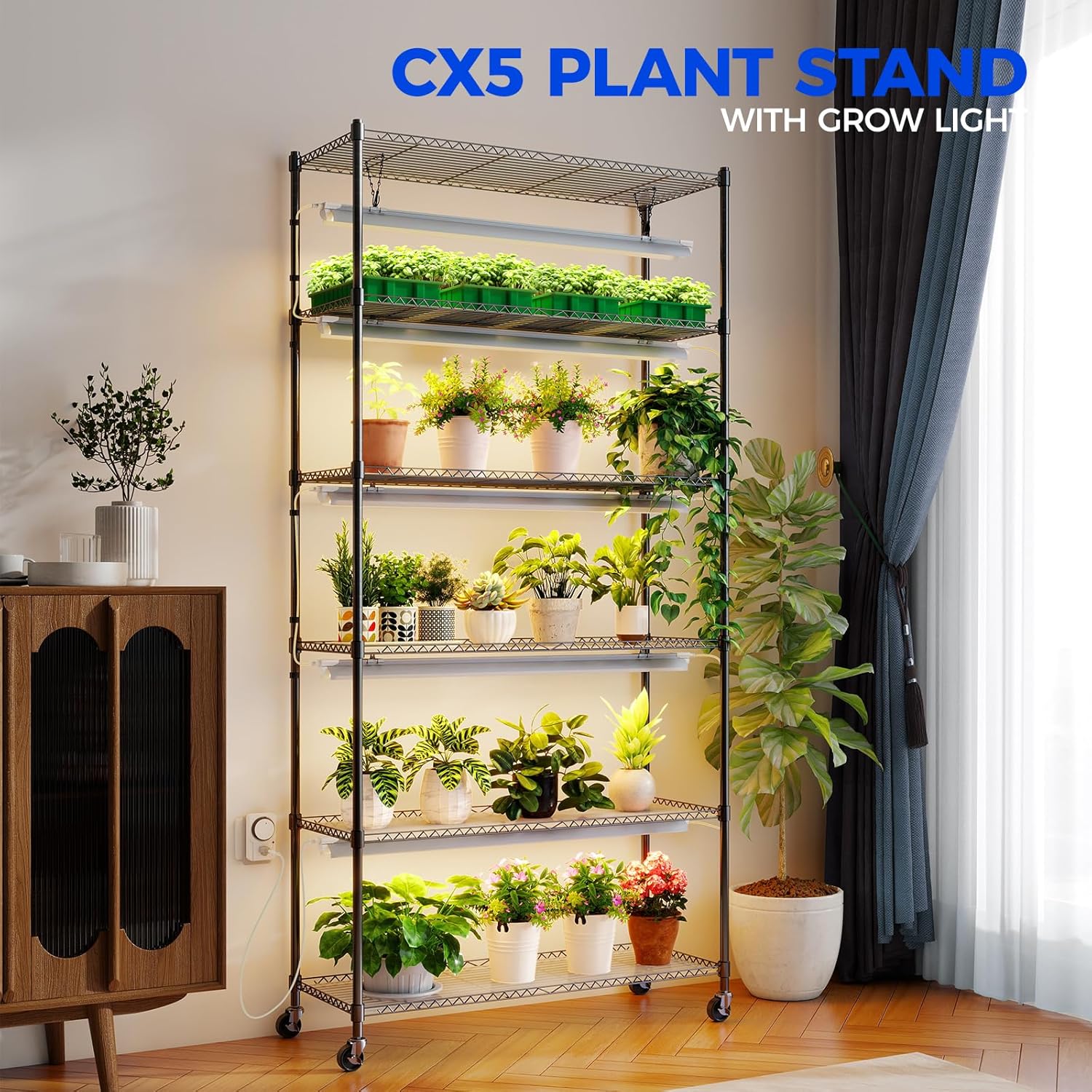 CX5 Plant Stand with grow light filled with potted plants in a room setting.