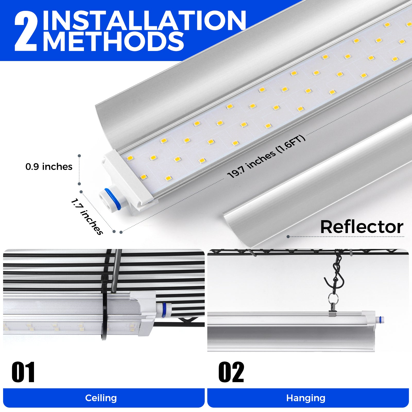 LED tube light with installation methods illustrated on a white background